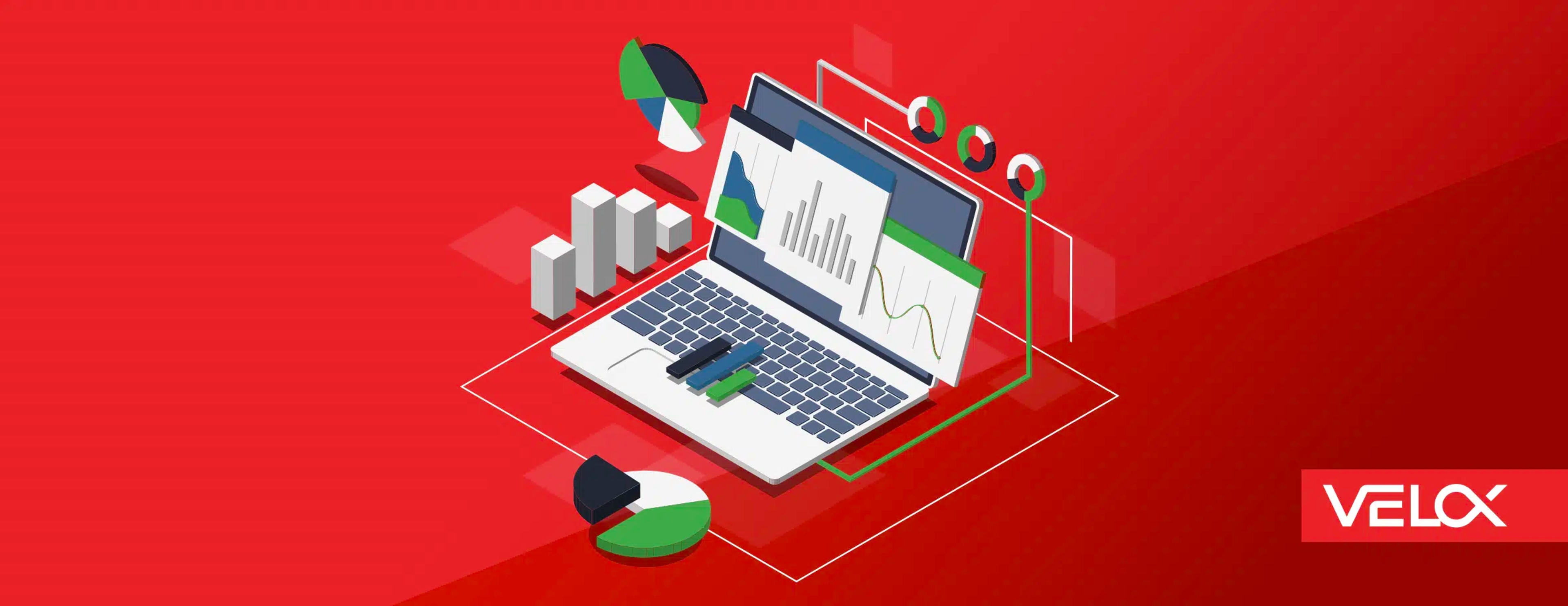 A hero graphic with a laptop displaying charts and analytics on a red gradient background