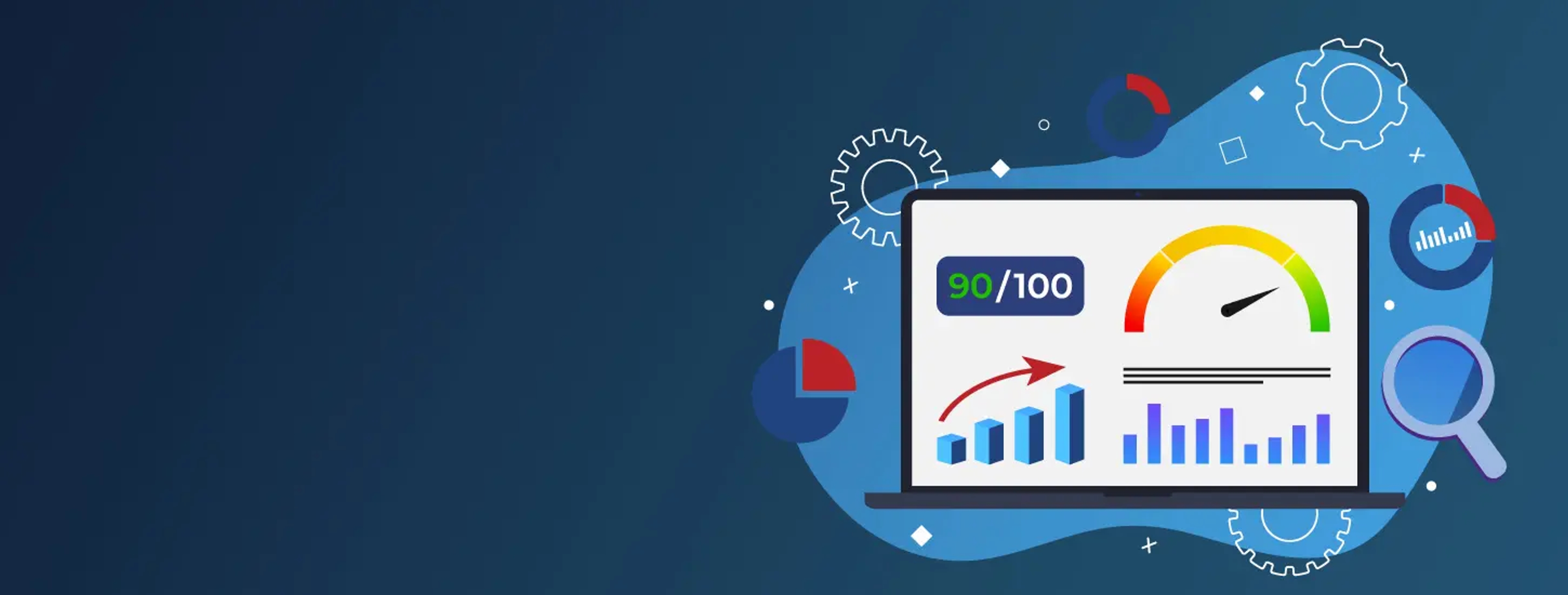 Graphic displaying a dark blue background and a laptop with metric icons and charts
