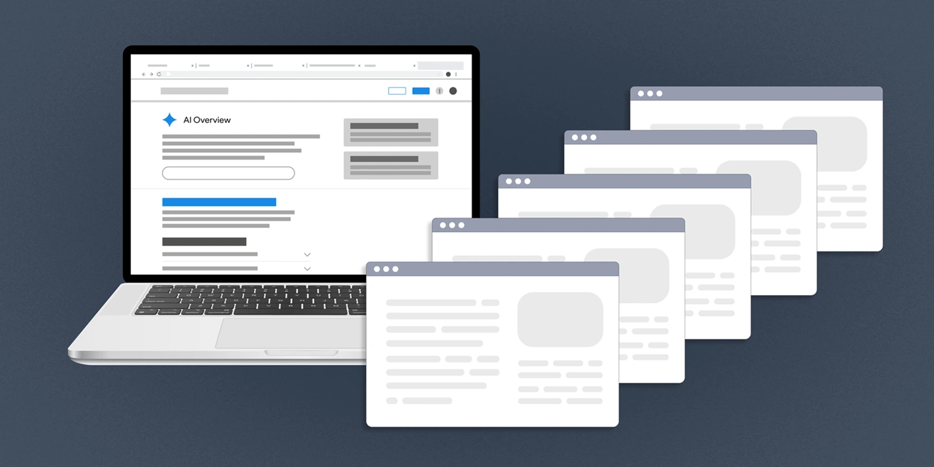 A laptop with an AI Overview on the screen and five web browsers stacked near the computer to represent multimodal content.