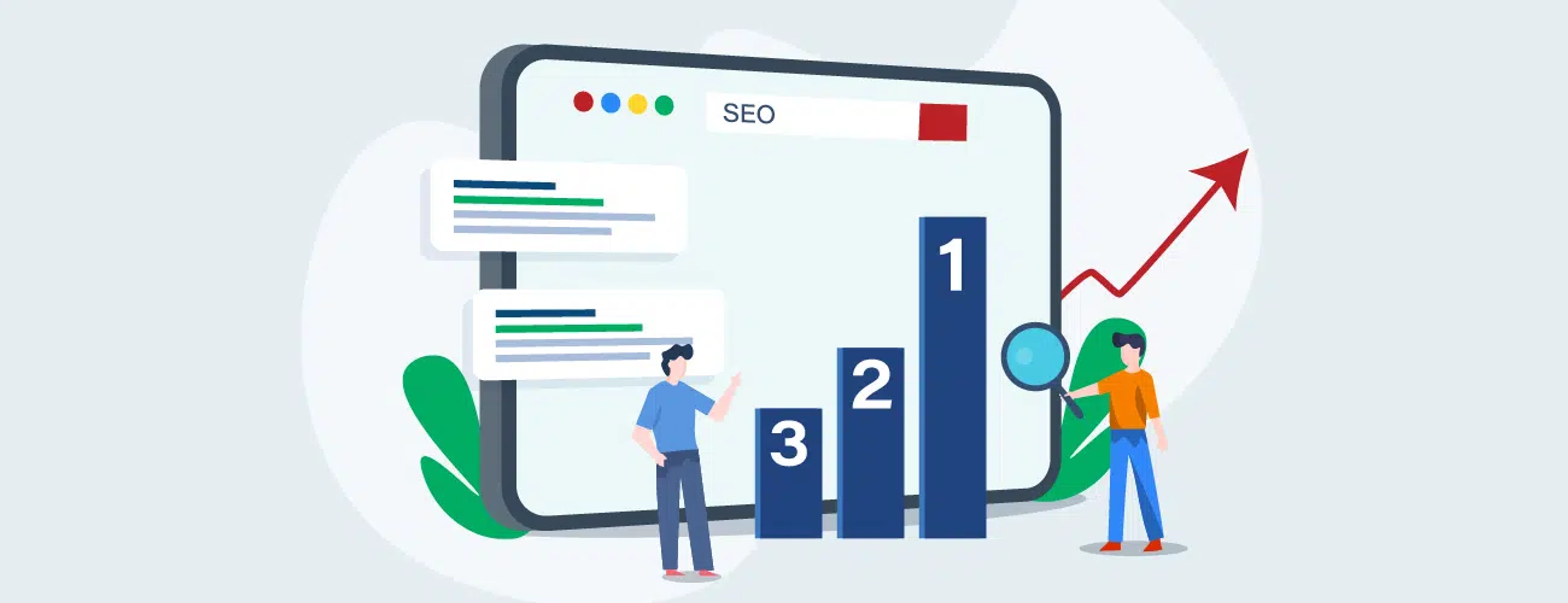 A hero graphic displaying a vector computer screen with analytics and charts with the words SEO in a search box