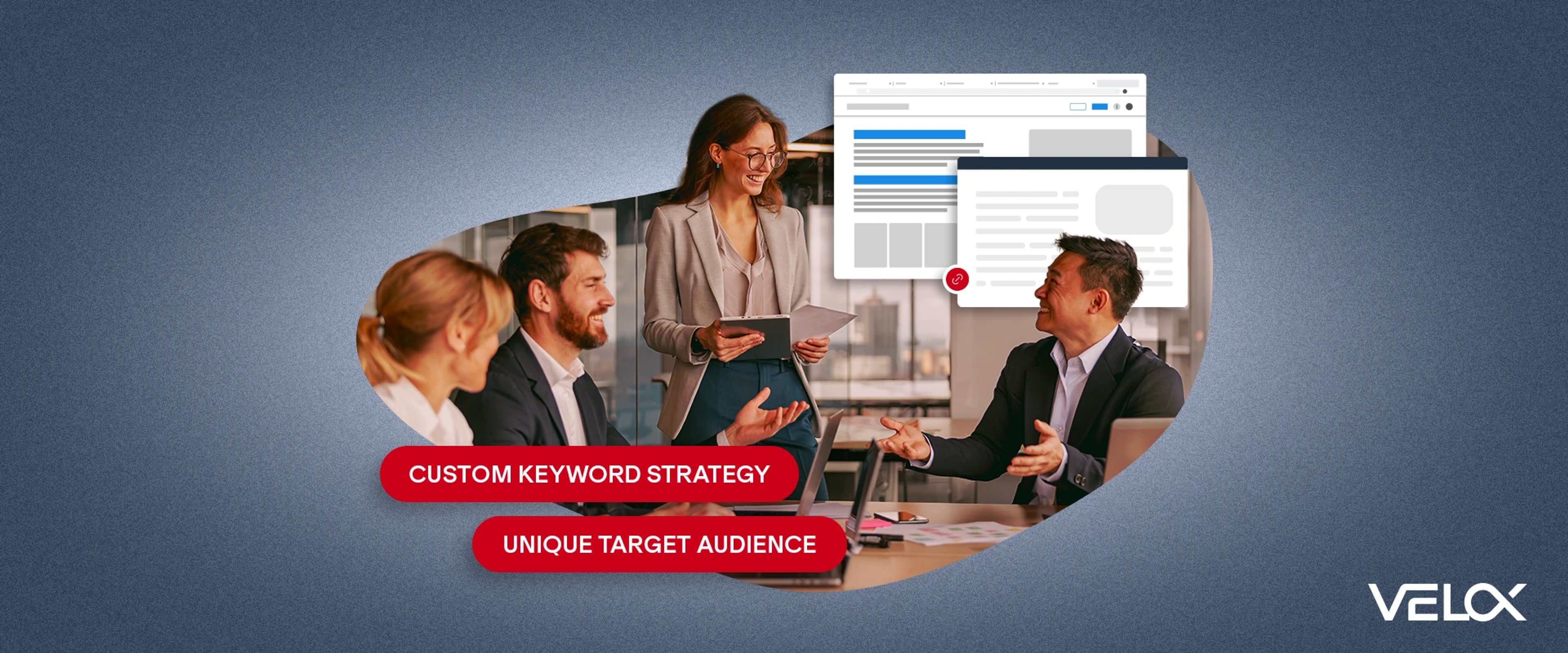 A group of business people talking about custom keyword strategy and unique target audience at a conference table.