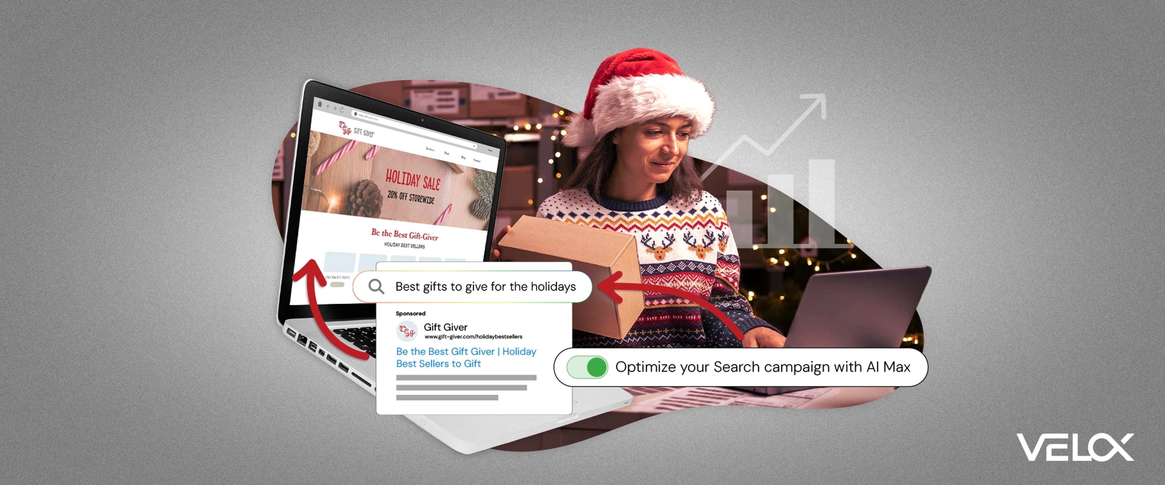 A woman holiday shopping on a laptop with holiday SEO graphics around.