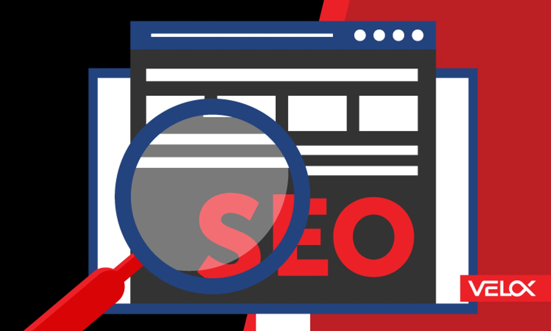 A hero graphic showing a magnifying glass over the word SEO