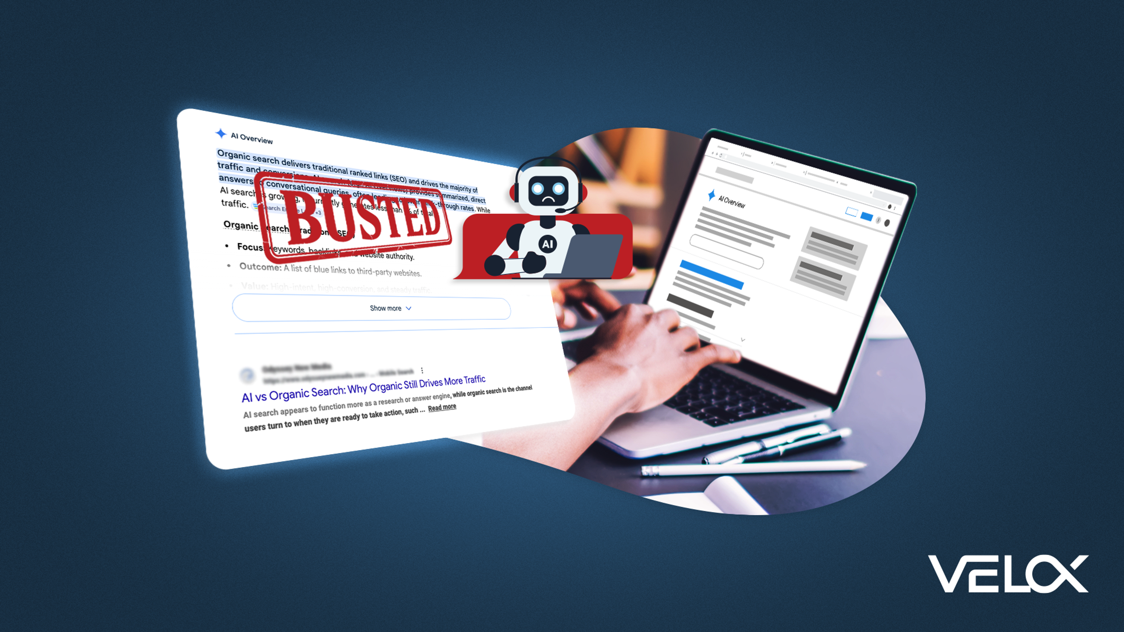A person on a laptop looking at an AI Overview with a red "Busted" stamp over the top.