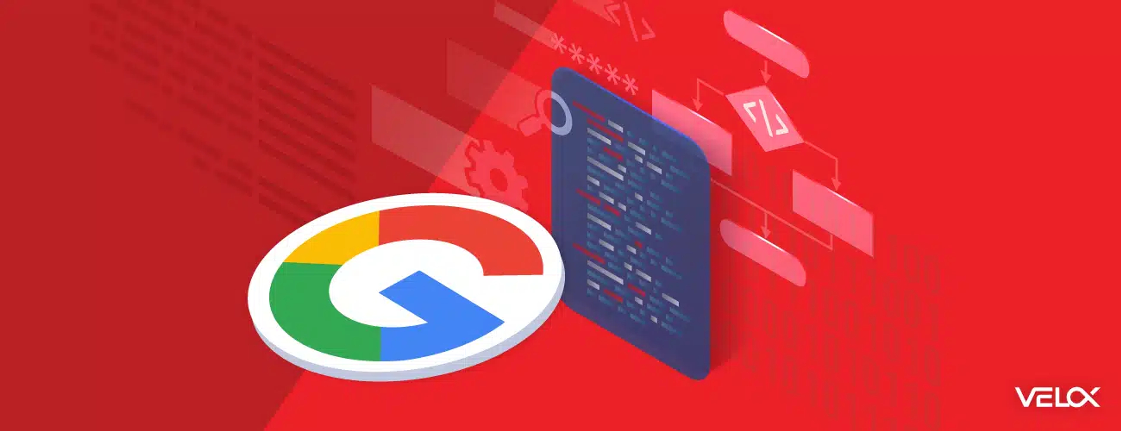 A hero graphic with a red background displaying the Google logo and a dark screen