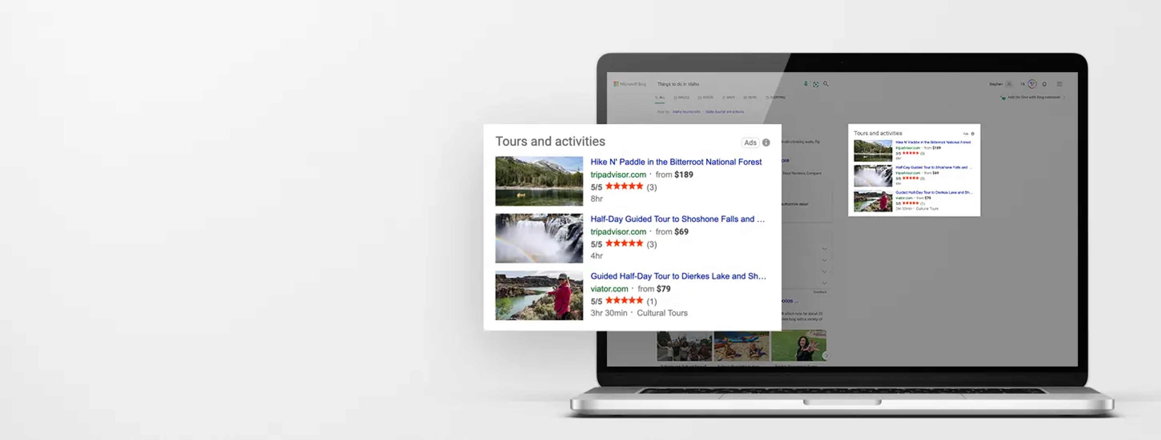 A light gray background with a laptop and search results for tours and activities