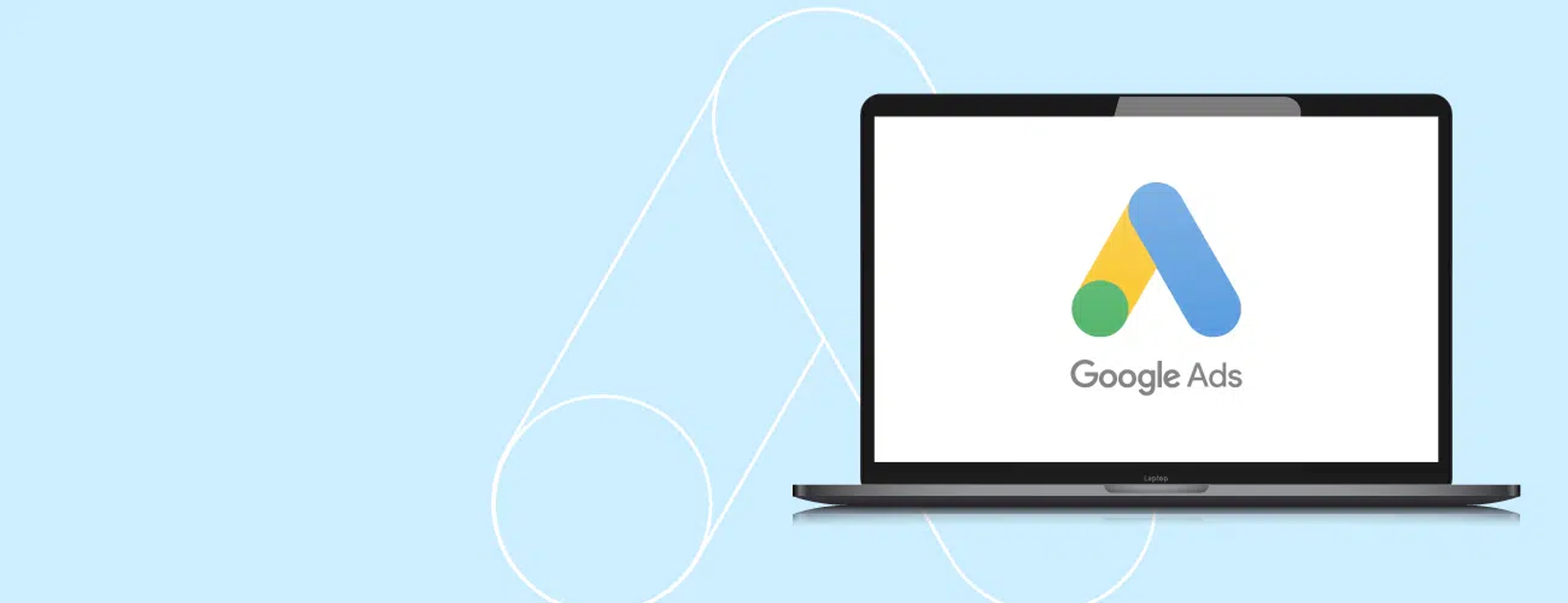 Graphic with a light blue background displaying a laptop with the Google Ads logo