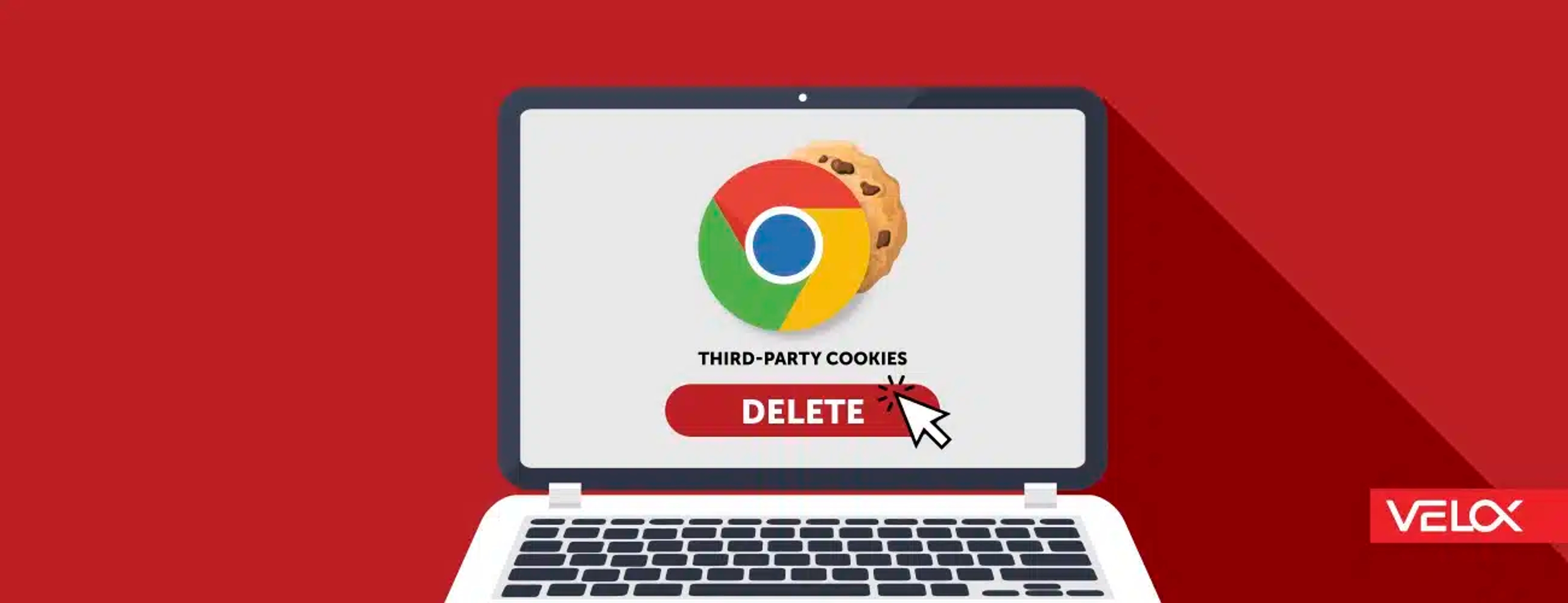A red background with a laptop showing the Chrome logo and a cookie with a delete button