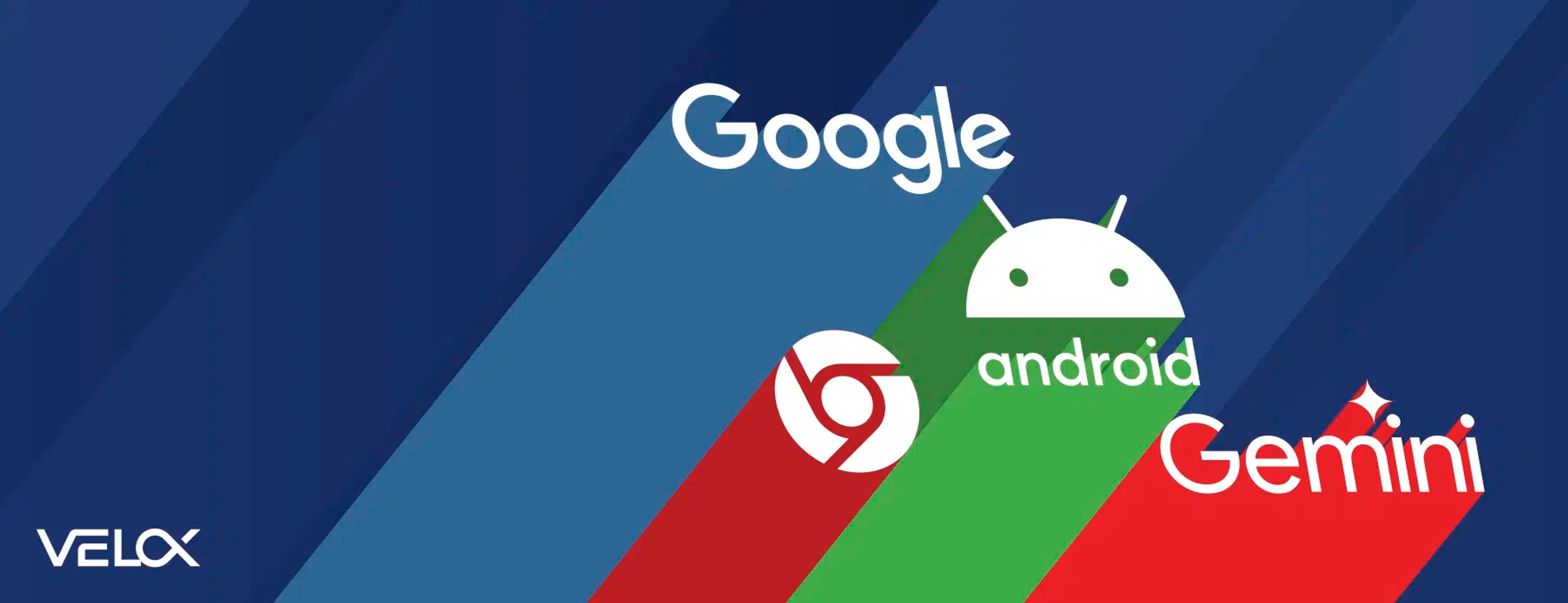 A hero graphic with the Google chrome, Android and Gemini logos