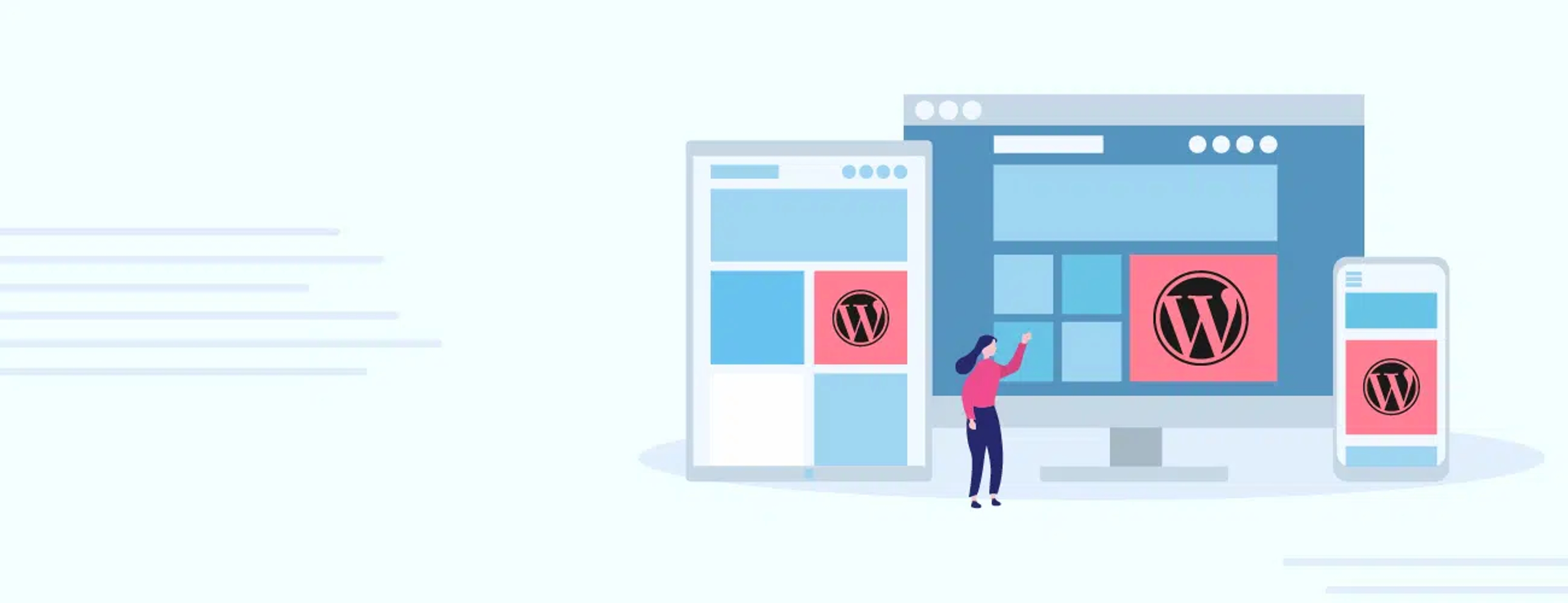 Graphic displaying tablet, desktop, and phone screens with the WordPress logo