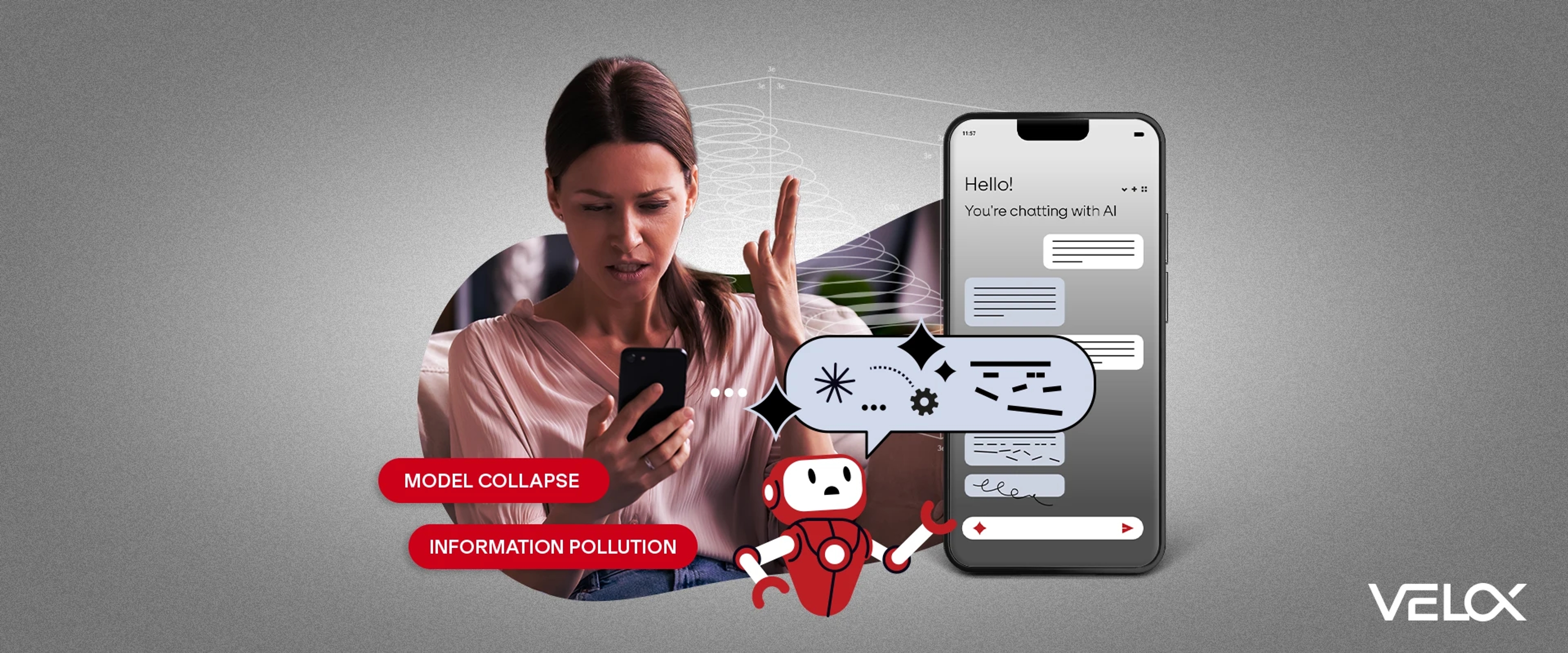 A woman looking at her phone with a frustrated look on her face with "model collapse" and "information pollution" in bubbles nearby.