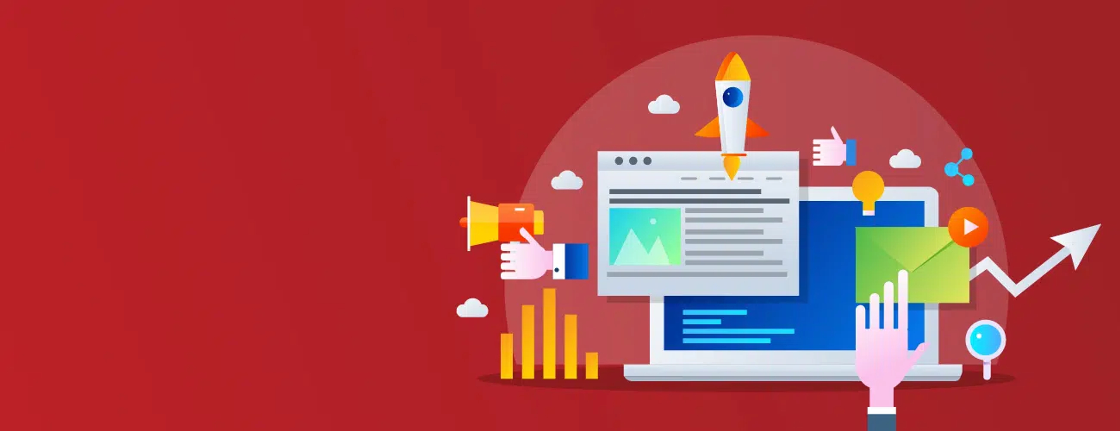 Red graphic with computer screen and content vectors