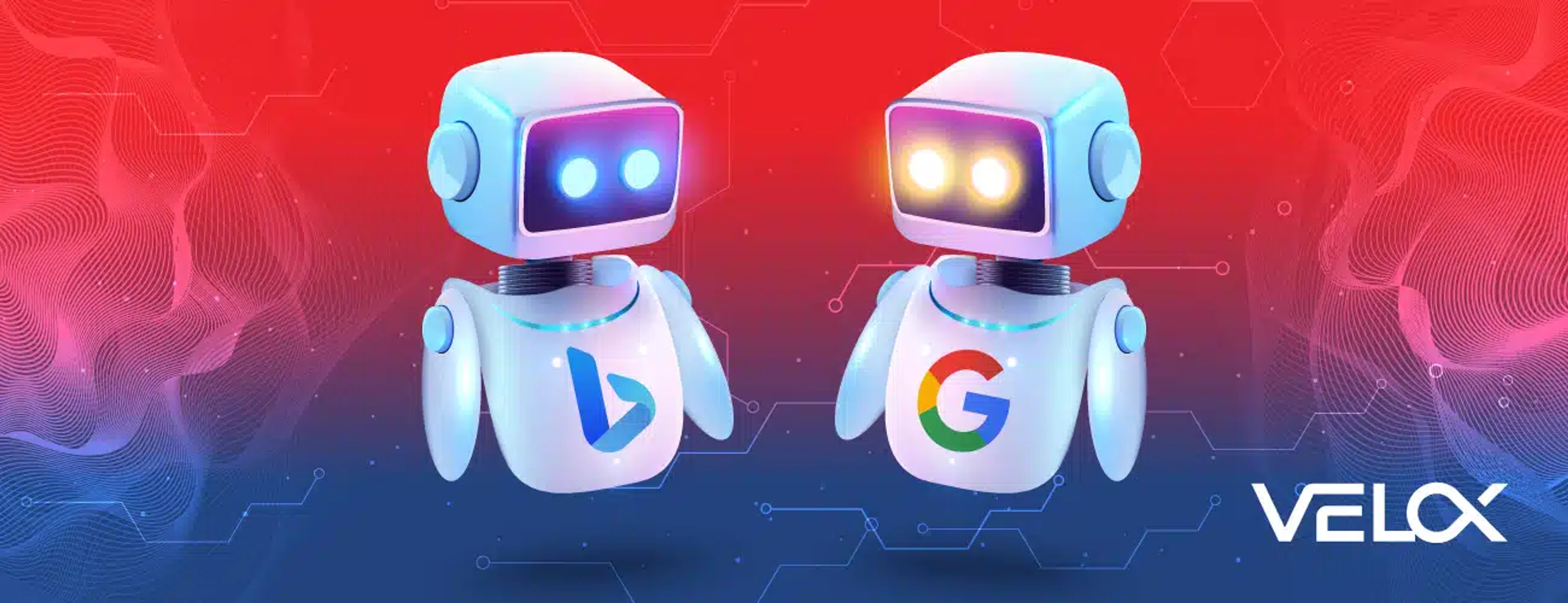 Hero graphic showing 2 white robots with a Bing and Google logo looking at each other on a red and blue split gradient background