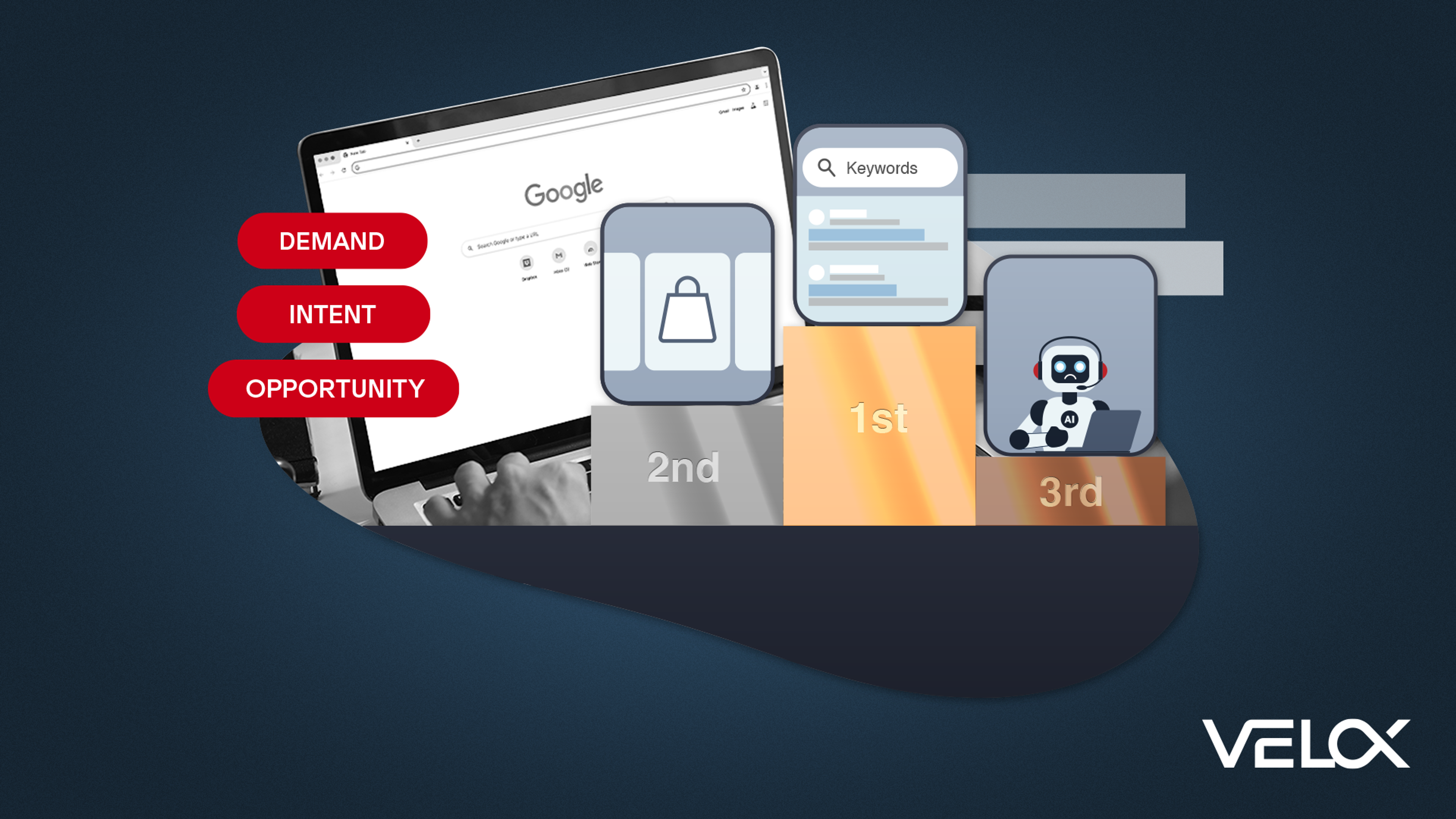 Graphic with a light blue gradient and computer screen showing keyword search vector