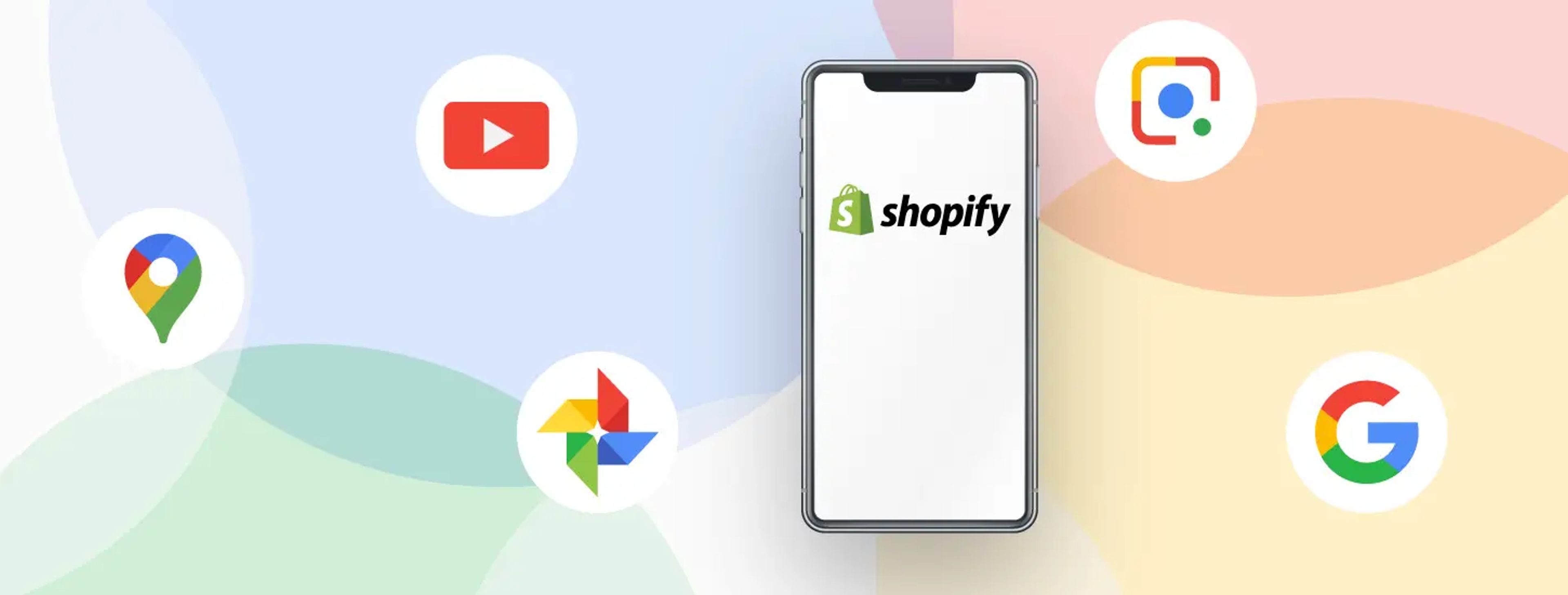 Graphic display Google app icons and an iPhone with the Shopify logo