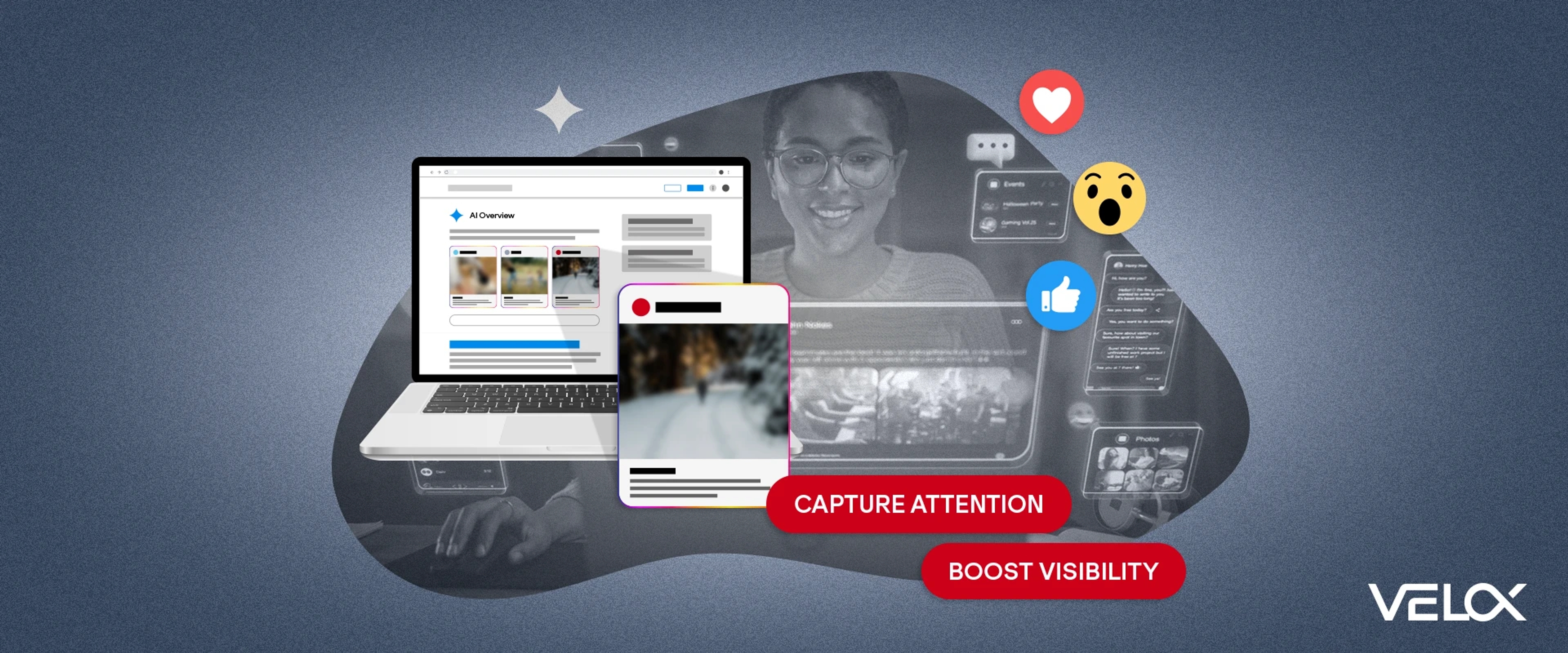 A woman on devices looking at AI Overviews with social media emojis floating nearby with the words "capture attention" and boost visibility."