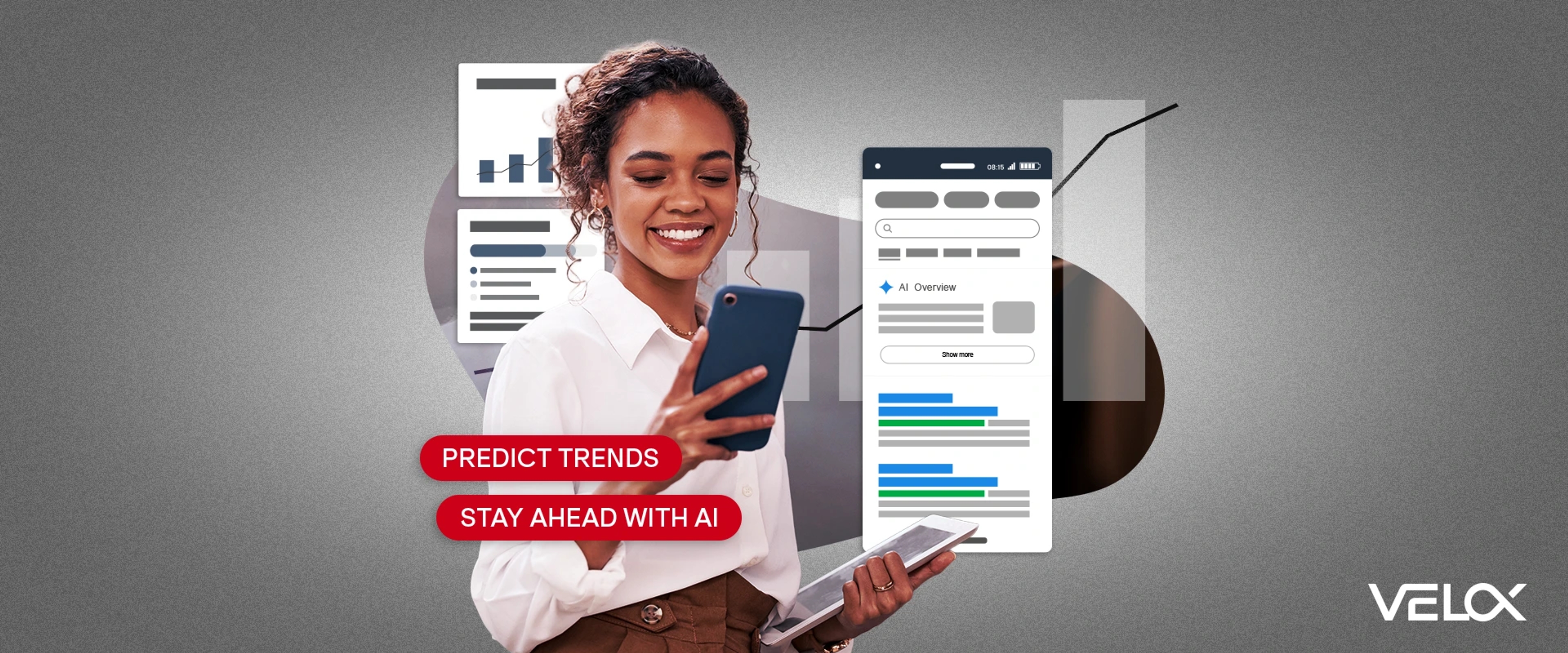 A woman looking at her phone to learn about the future of SEO, predict trends, and stay ahead with AI.