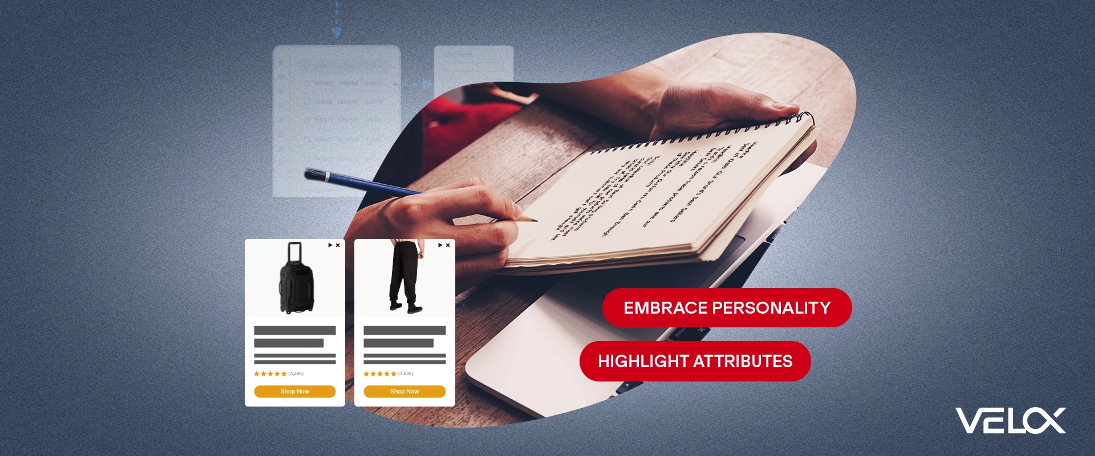 A person writing ad copy in a notebook with mobile screens with products on the graphic.