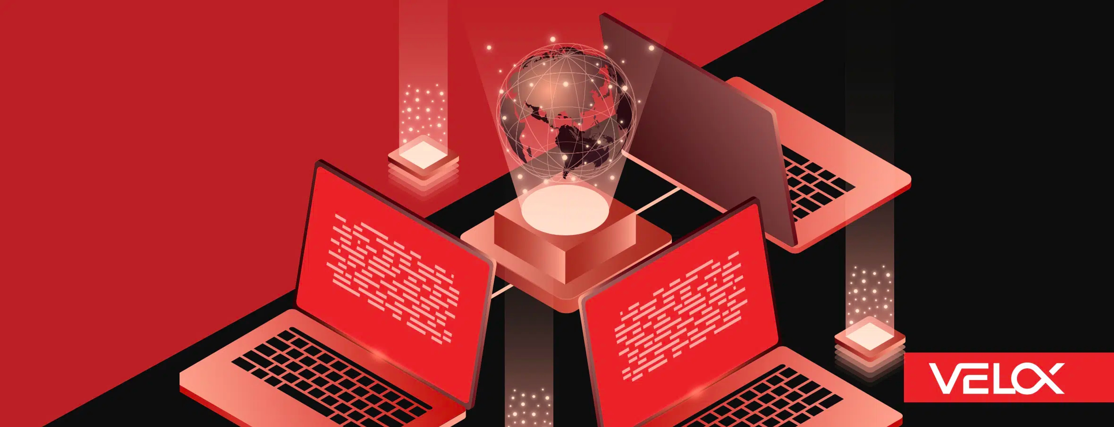 A hero graphic with 3 laptops and a globe and spot lights in the center