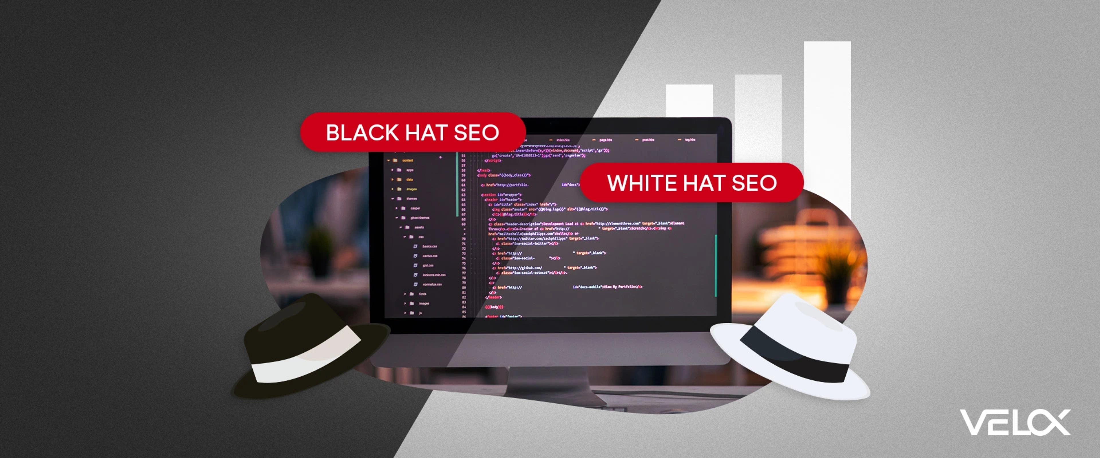 A black and white graphic representing black-hat and white-hat SEO tactics