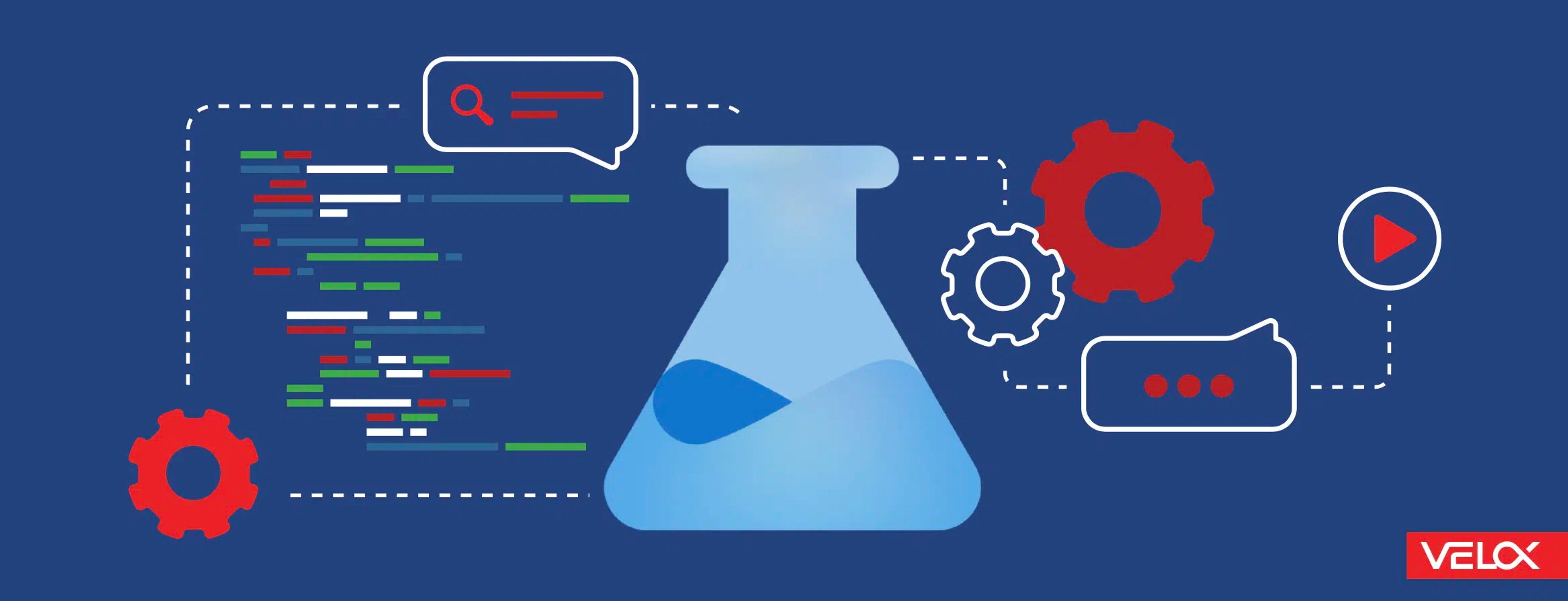 A hero graphic with a blue background with a chemistry bottle and gear icons