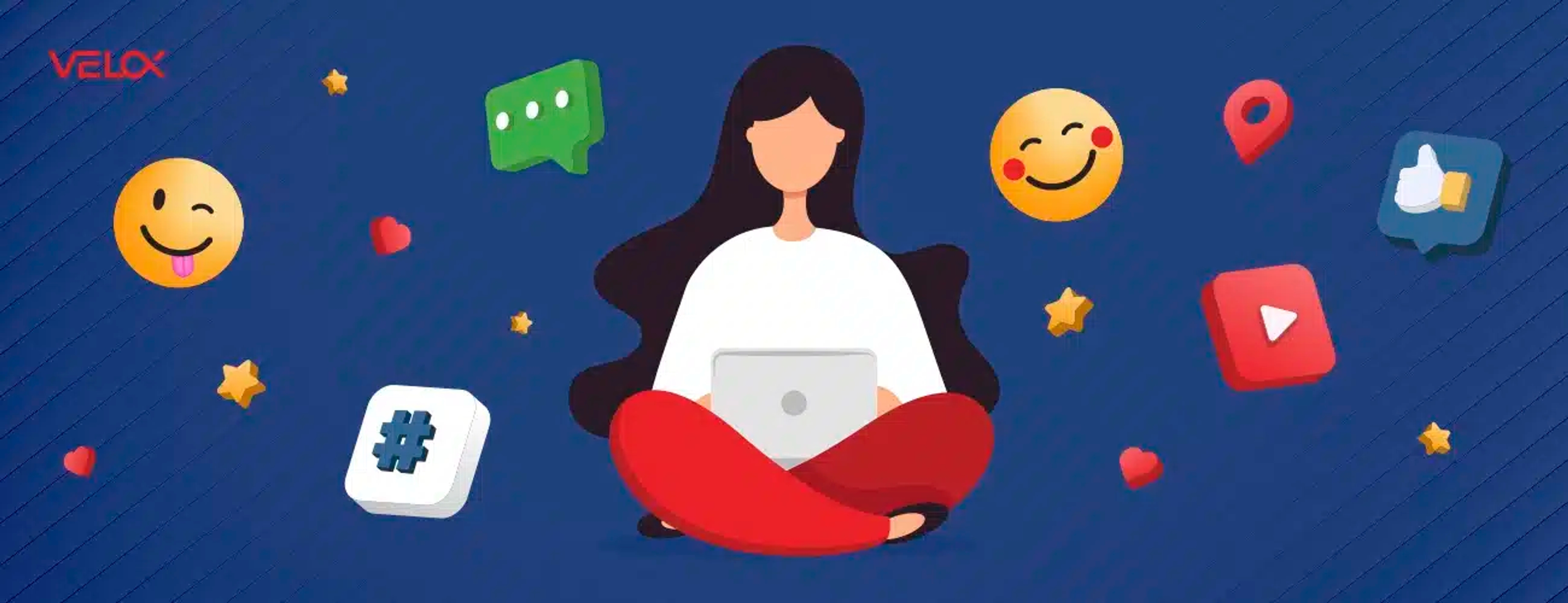 Hero graphic with a dark blue background, a women character, and various vector images representing brand marketing