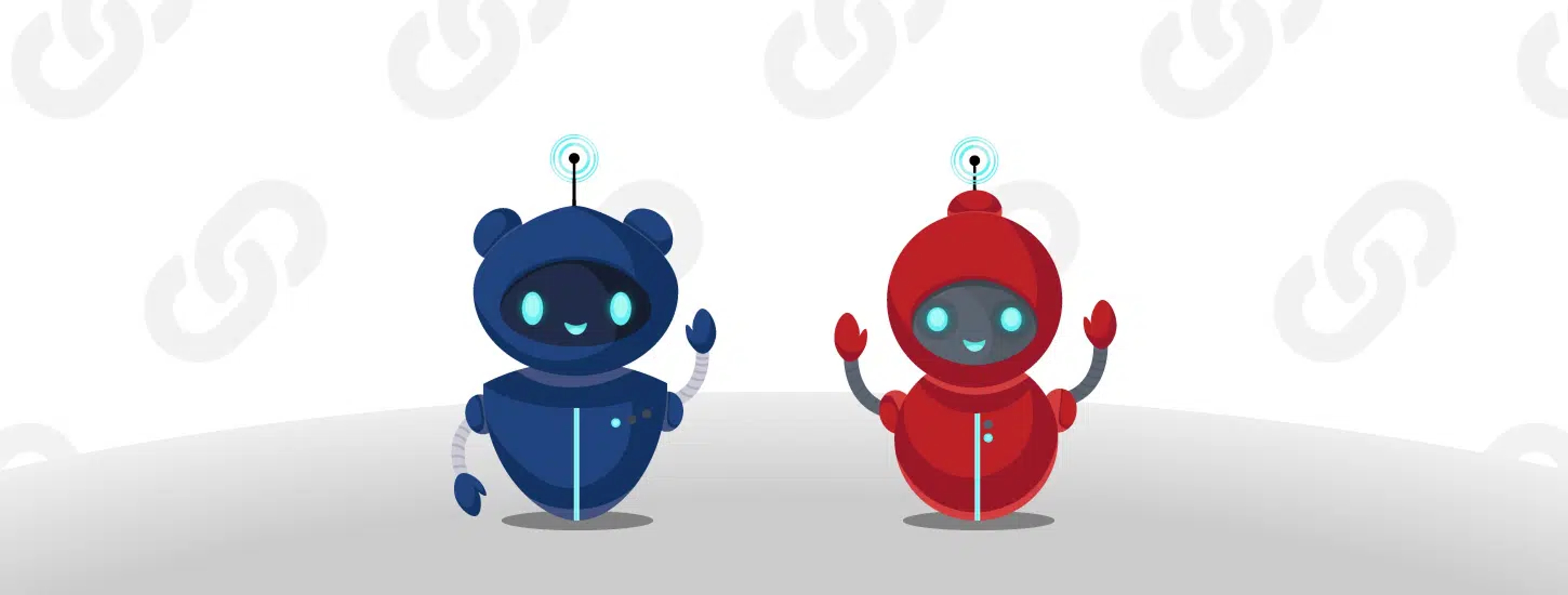 A hero graphic displaying a blue and red robot both waving with a white background with repeating faded chain link icons