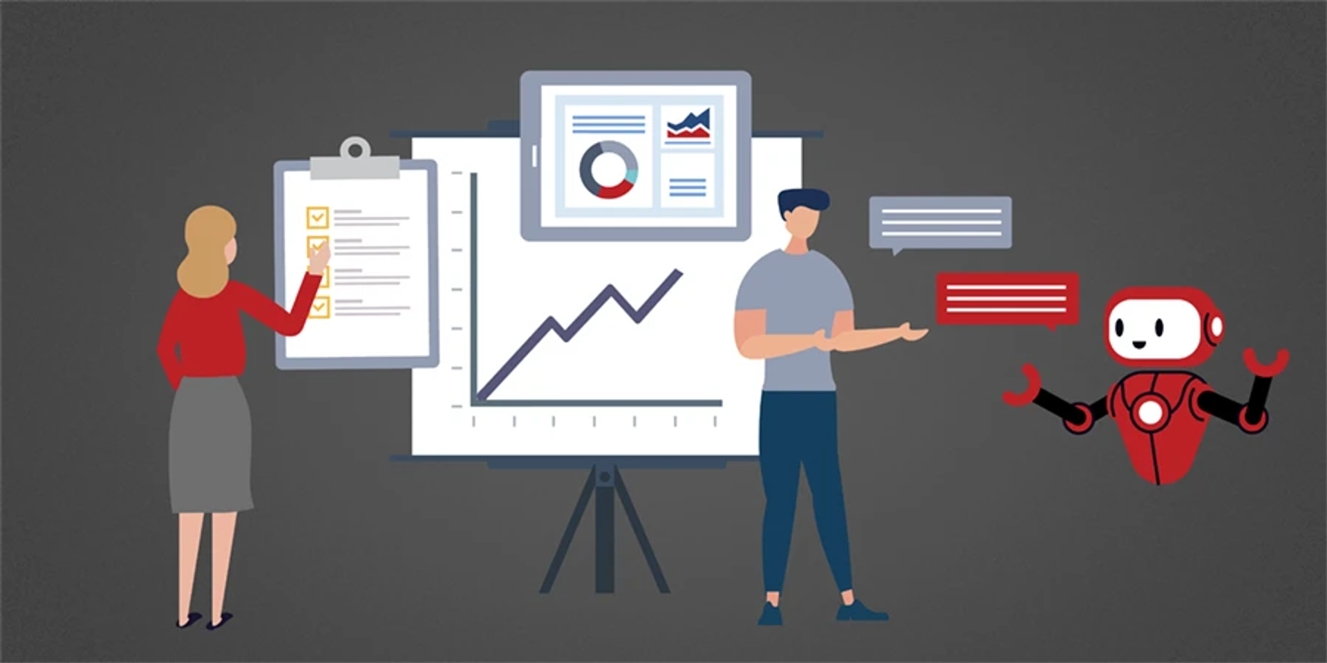 Two business people presenting digital marketing data with a robot providing responses nearby.