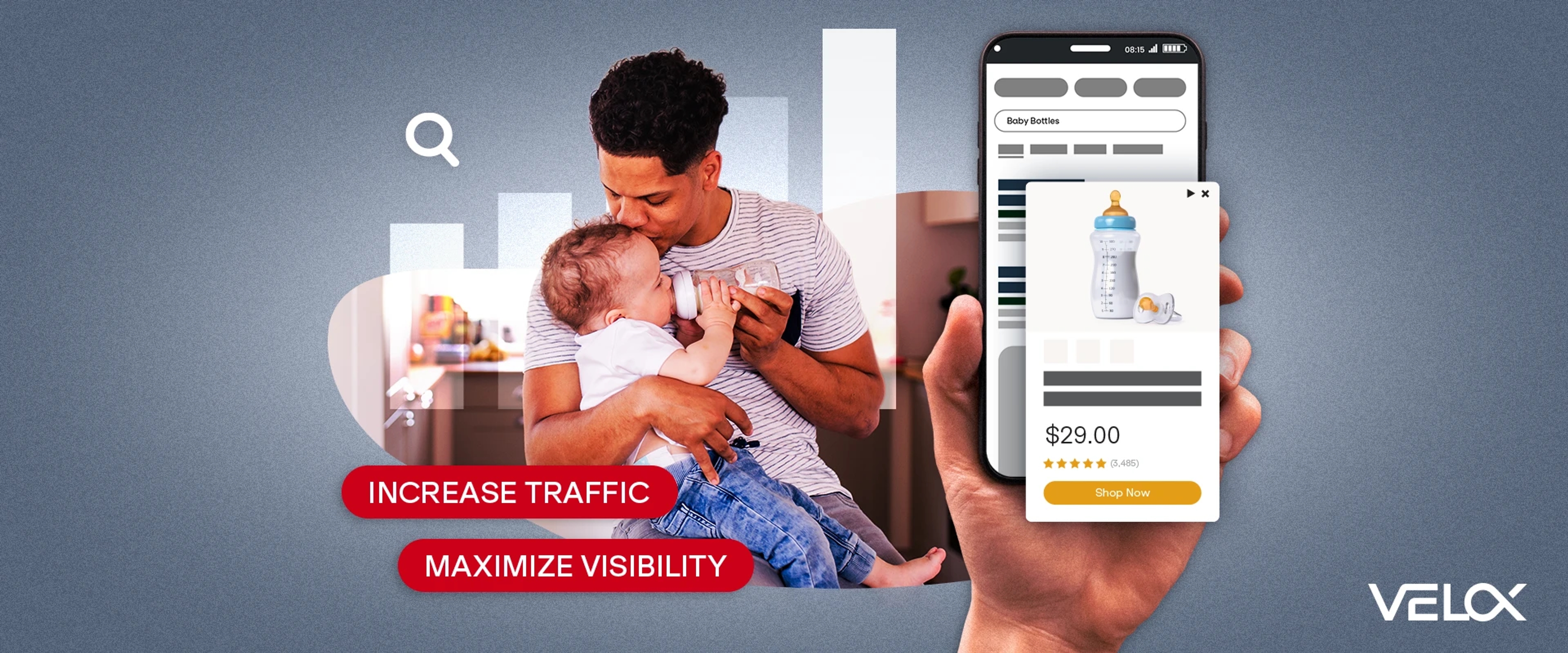 A graphic of a father feeding his baby with a mobile screen featuring a baby bottle for purchase nearby.
