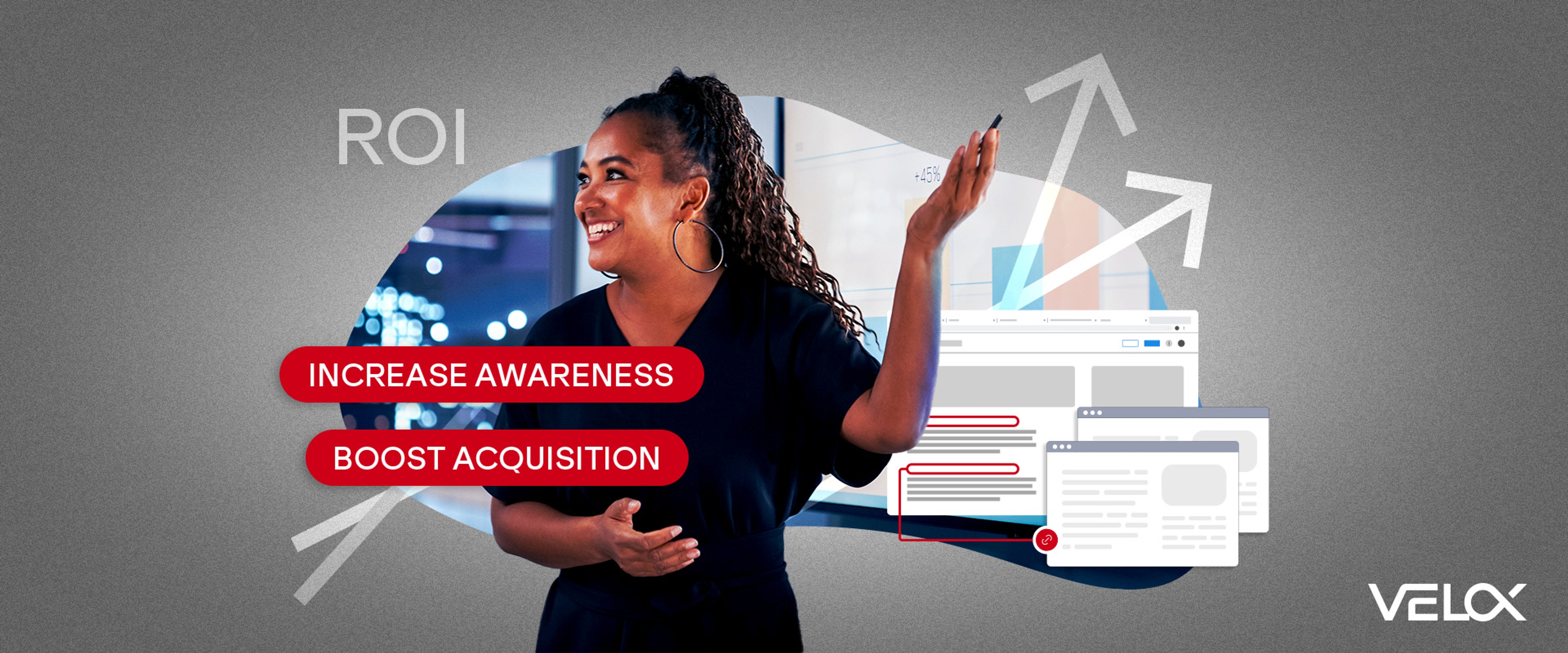 A woman holding her hand up as if presenting with web browser graphics and upward arrows nearby.