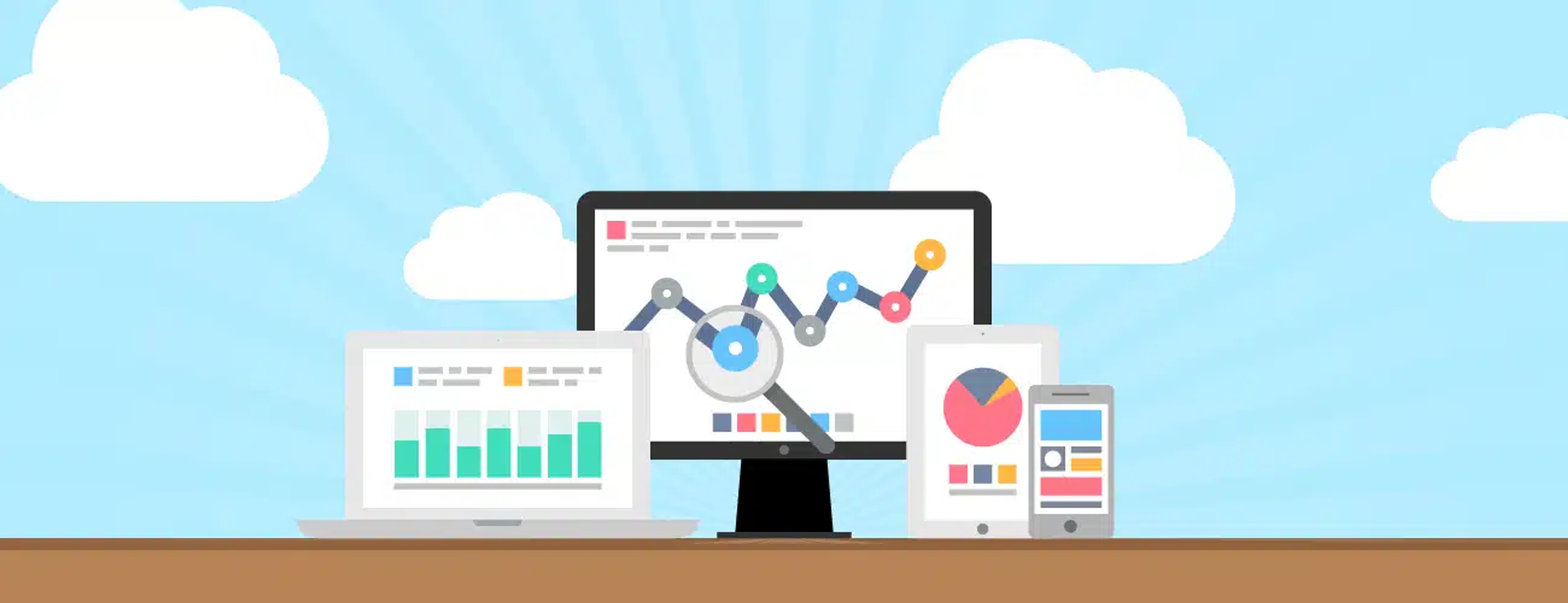 Hero graphic with clouds and 3 screens showing analytics