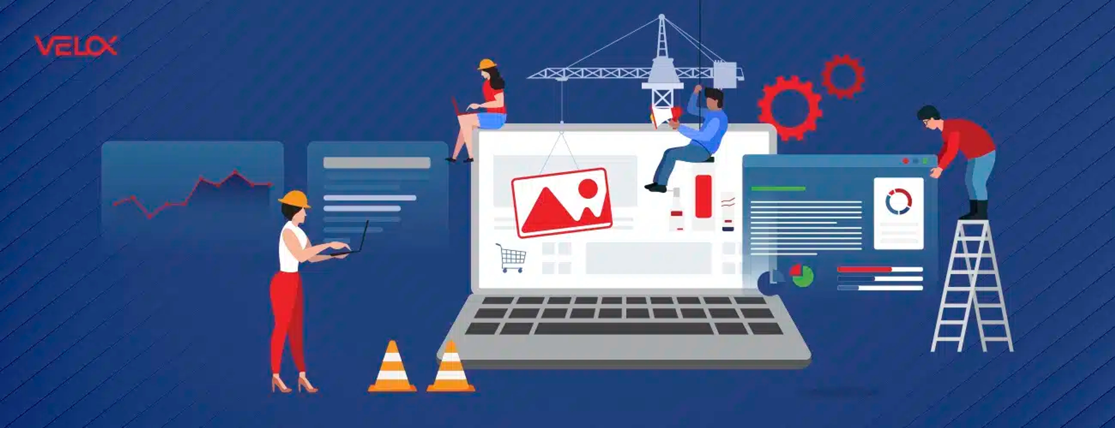 A hero graphic with a blue background and characters working on a laptop