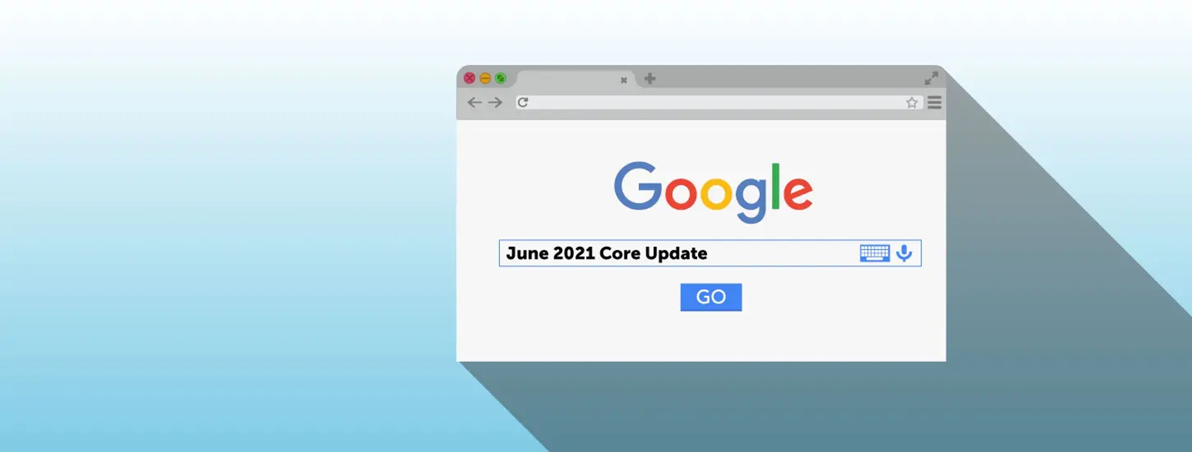Graphic showing a webpage with the Google logo and June 2021 Core Update