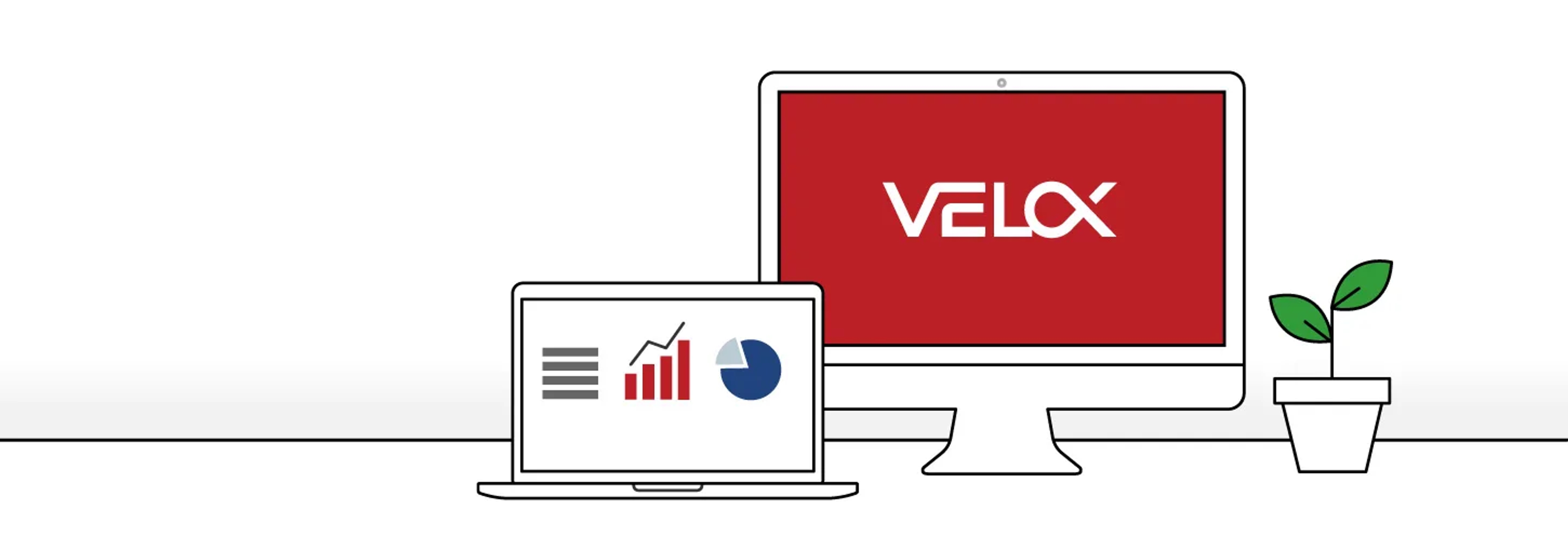 Graphic of a laptop and desktop computer showing charts and the VELOX logo