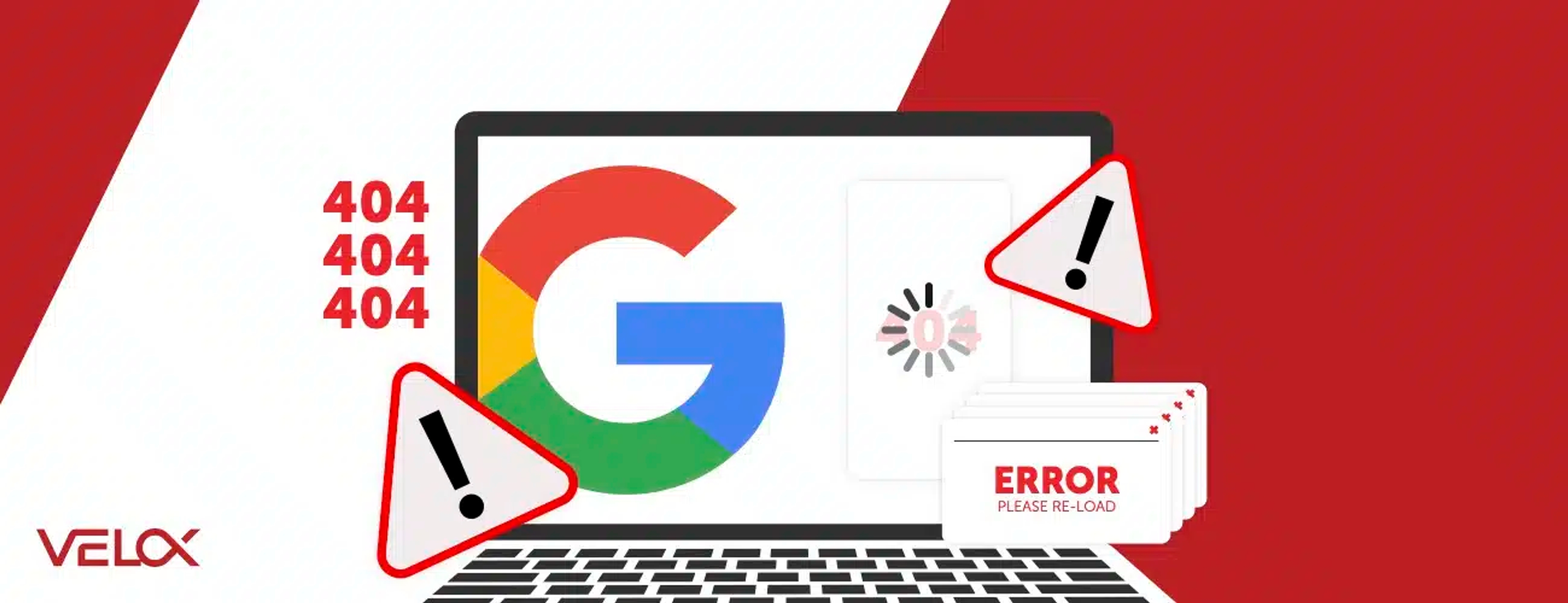 A hero graphic displaying a laptop with the Google logo and 404 / error messages across the screen