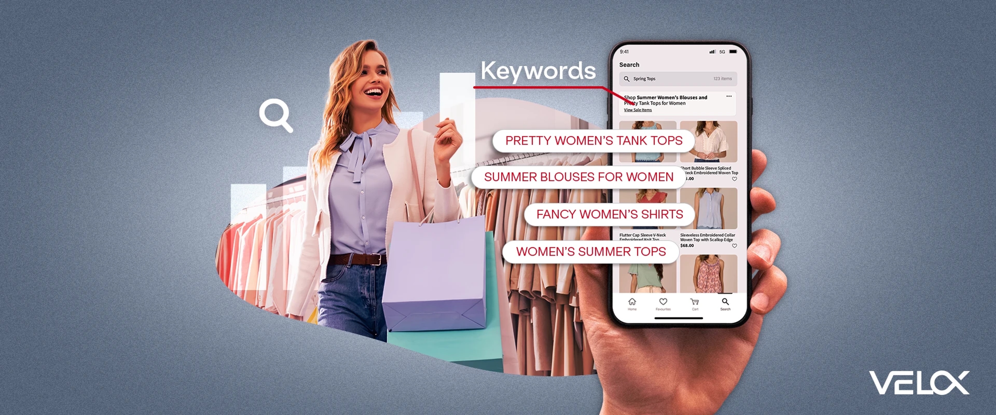 A graphic with a woman shopping for clothes in a store and a mobile phone with fashion keywords and results on display.