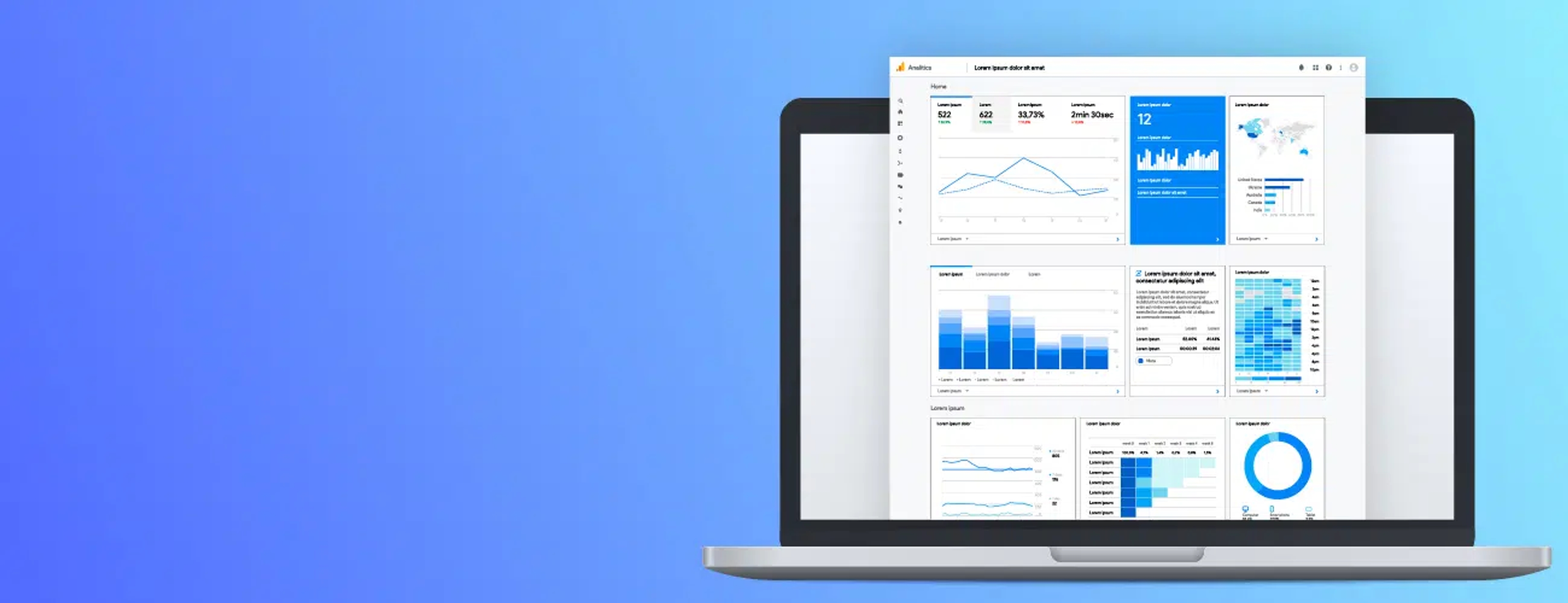 Graphic with a blue gradient and a laptop screen showing Google Analytics dashboard