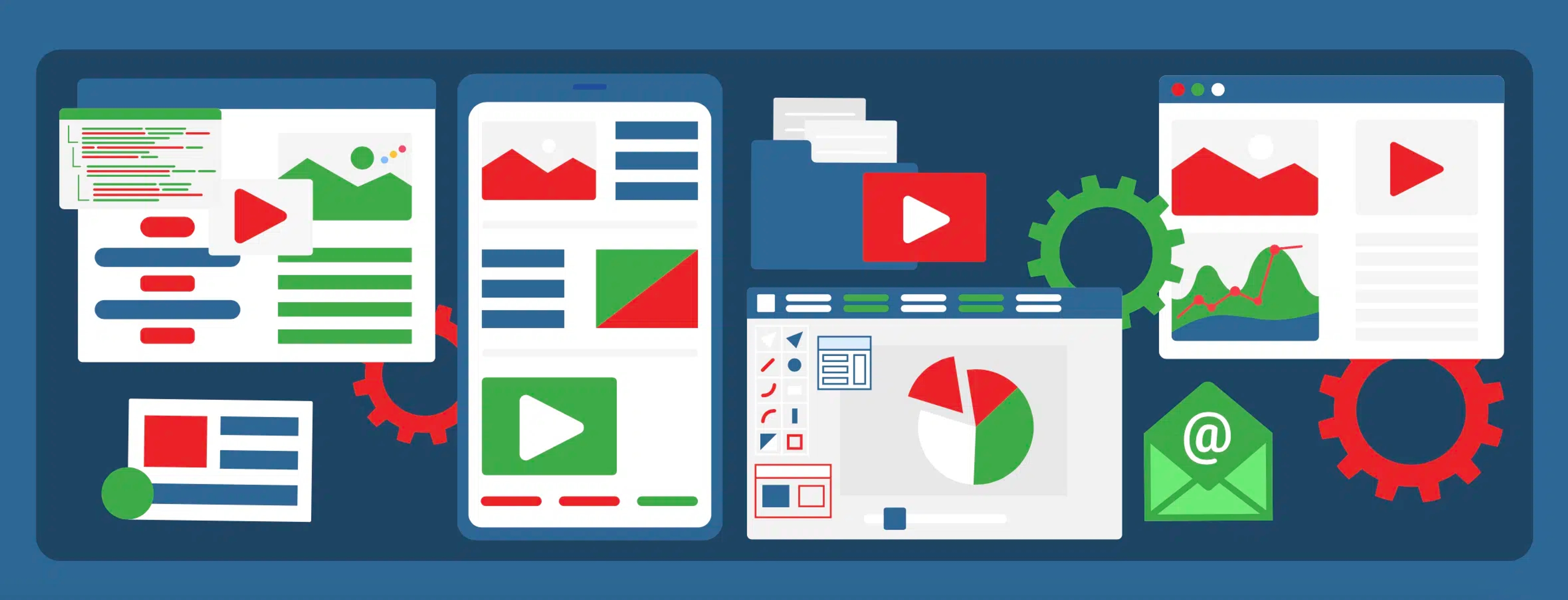 A hero graphic with many size screens showing video play buttons and charts