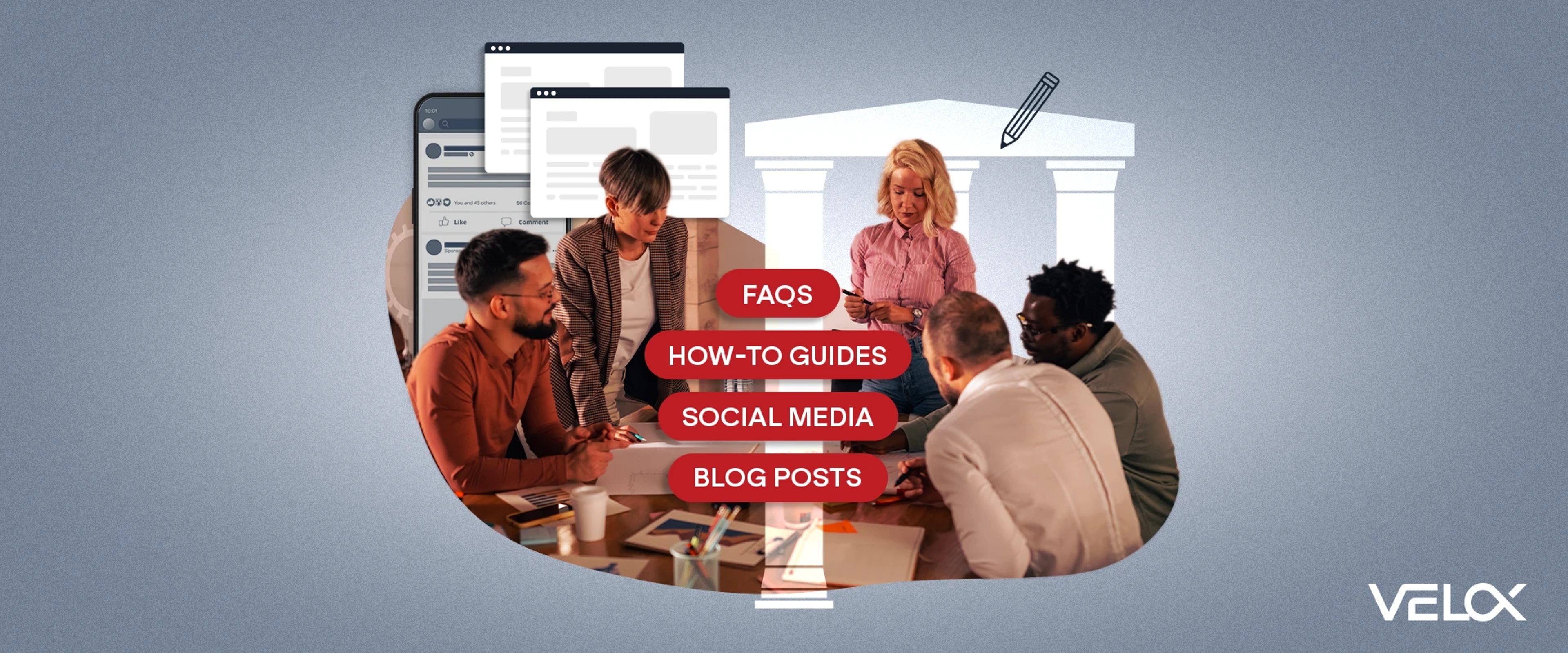 A team working together with graphic elements representing content pillars and the types.