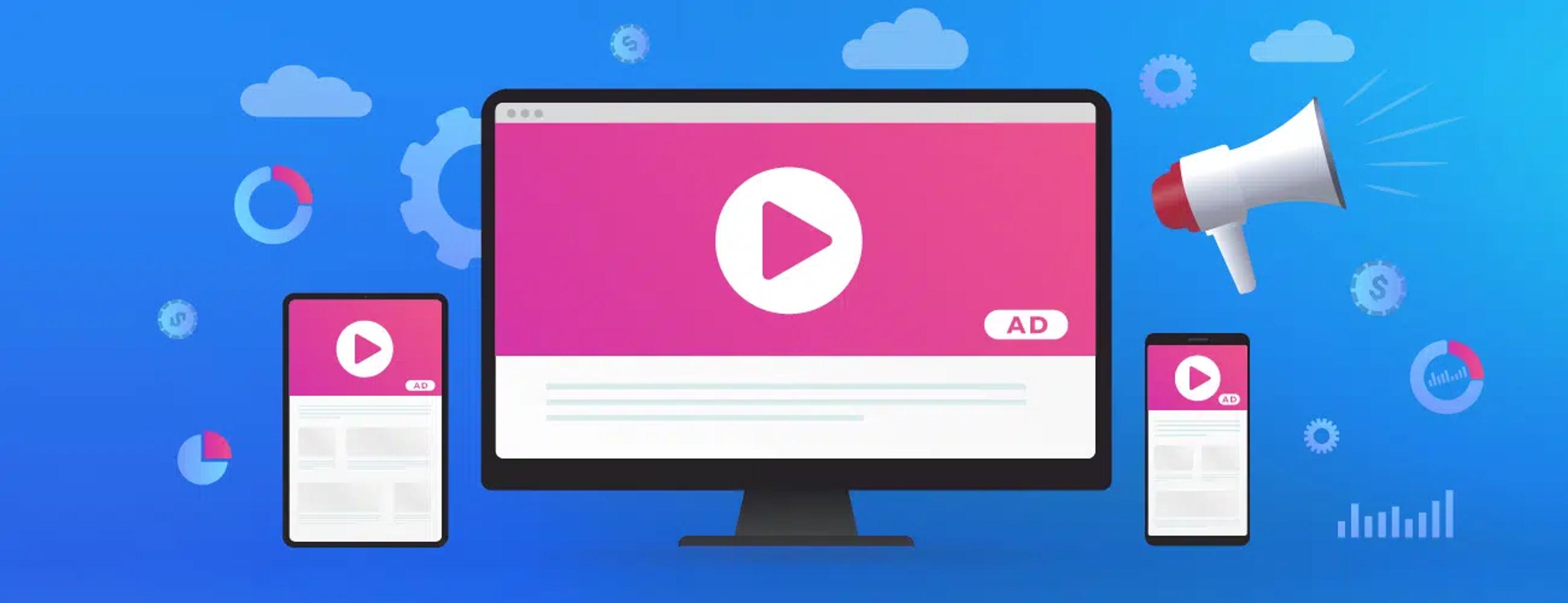 Blue graphic displaying a tablet, computer screen, and phone with a video play icon on each screen