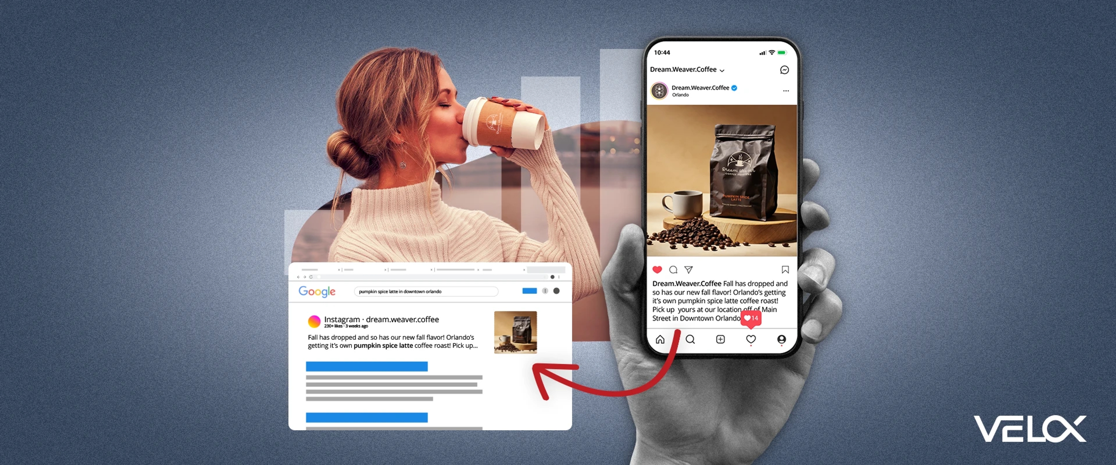 A woman drinking a coffee with a coffee Instagram account appearing on a mobile a desktop screen.