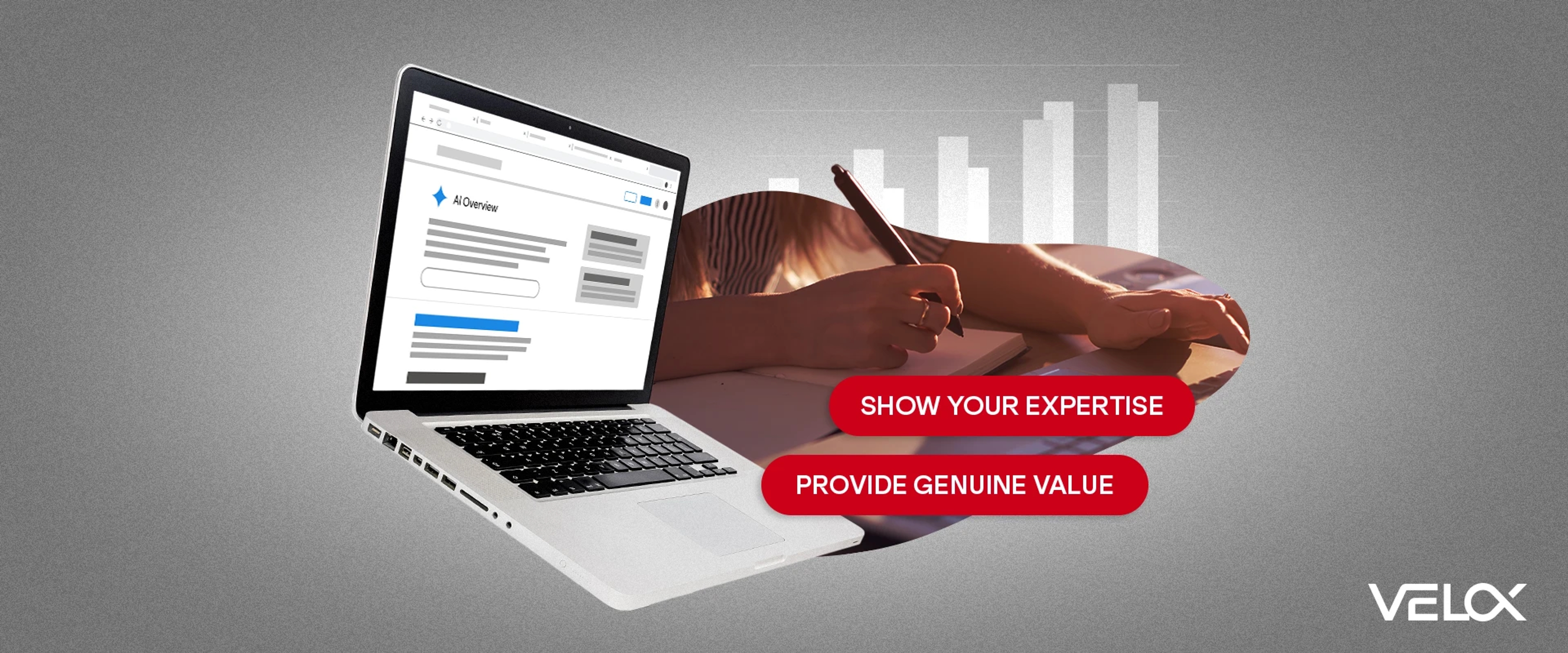 Desk showing a pen and paper with someone writing and a laptop graphic nearby showing AI Overviews.