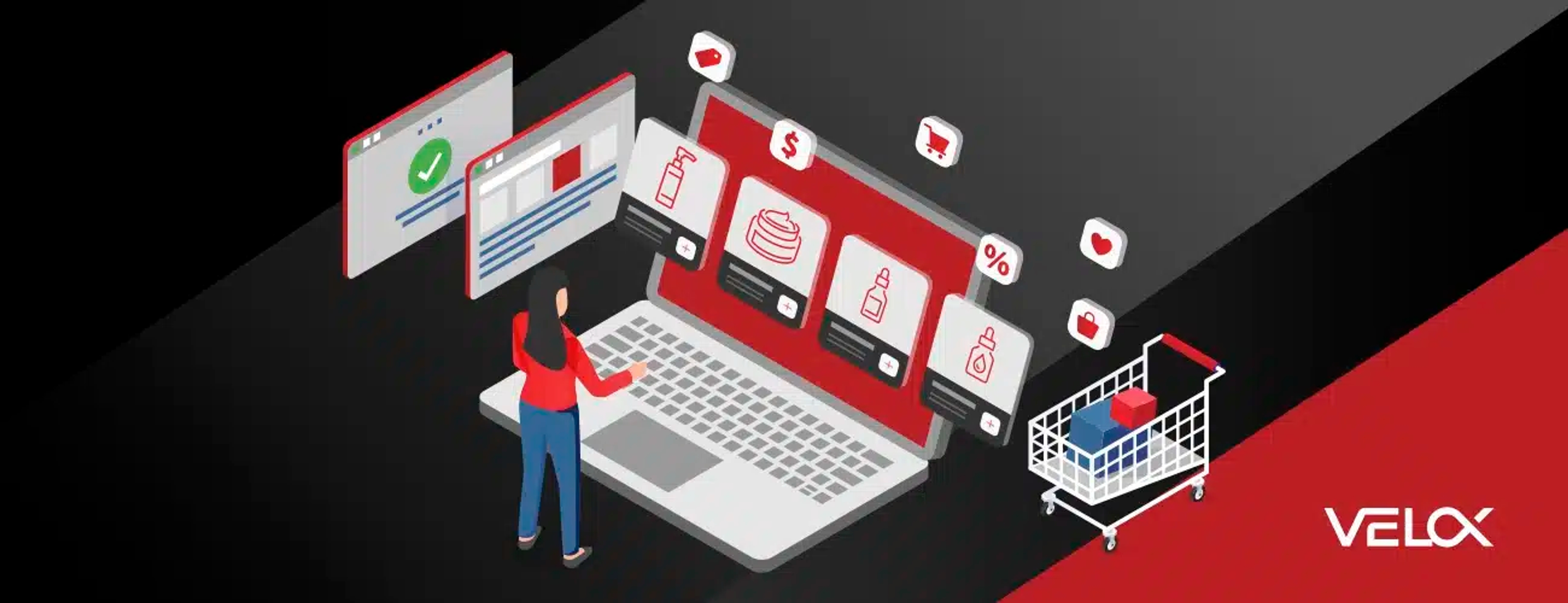A hero graphic displaying a woman standing at a laptop with multiple products listed in a shopping cart