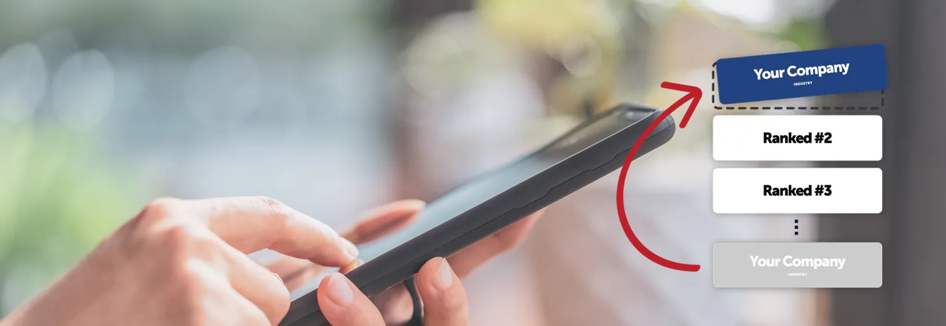 A person holding and tapping on their phone looking at search rankings
