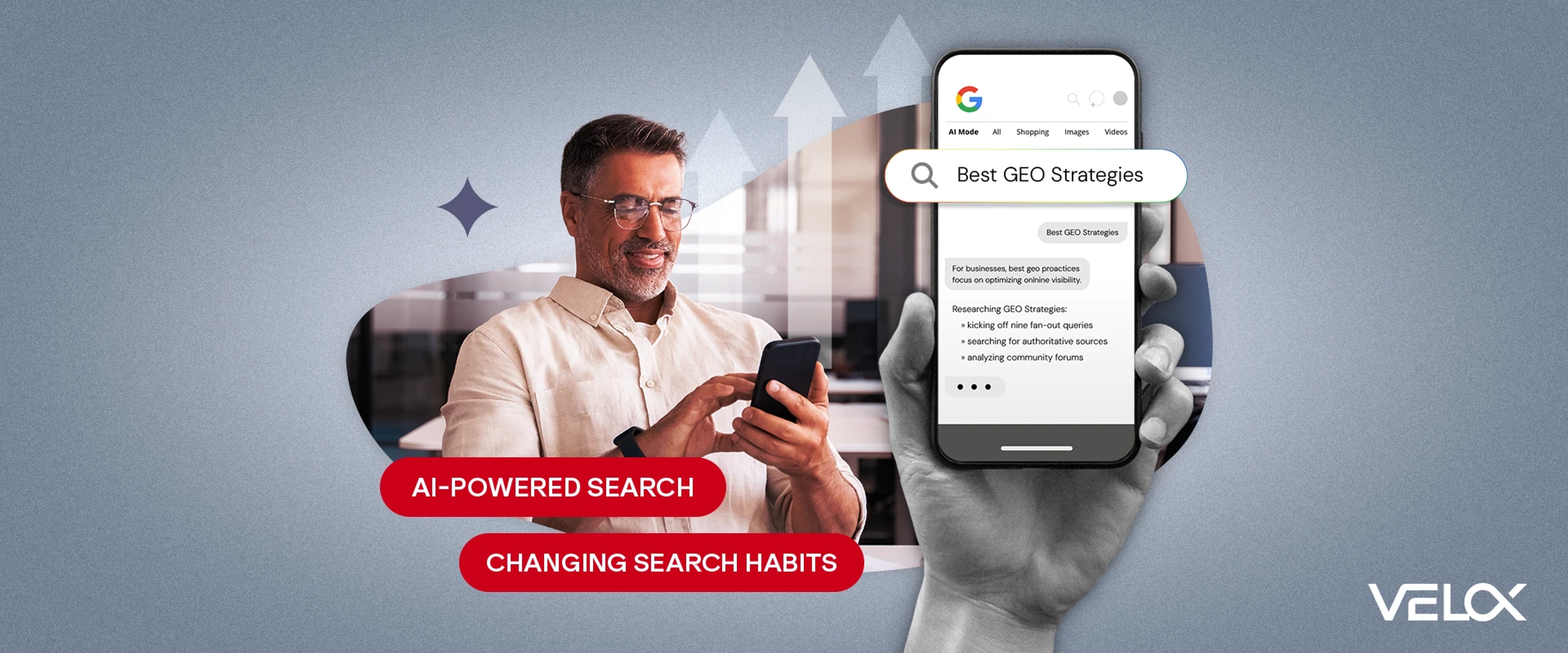 A man looking on a mobile phone screen that says "Best GEO Strategies" on a Google AI mode page.
