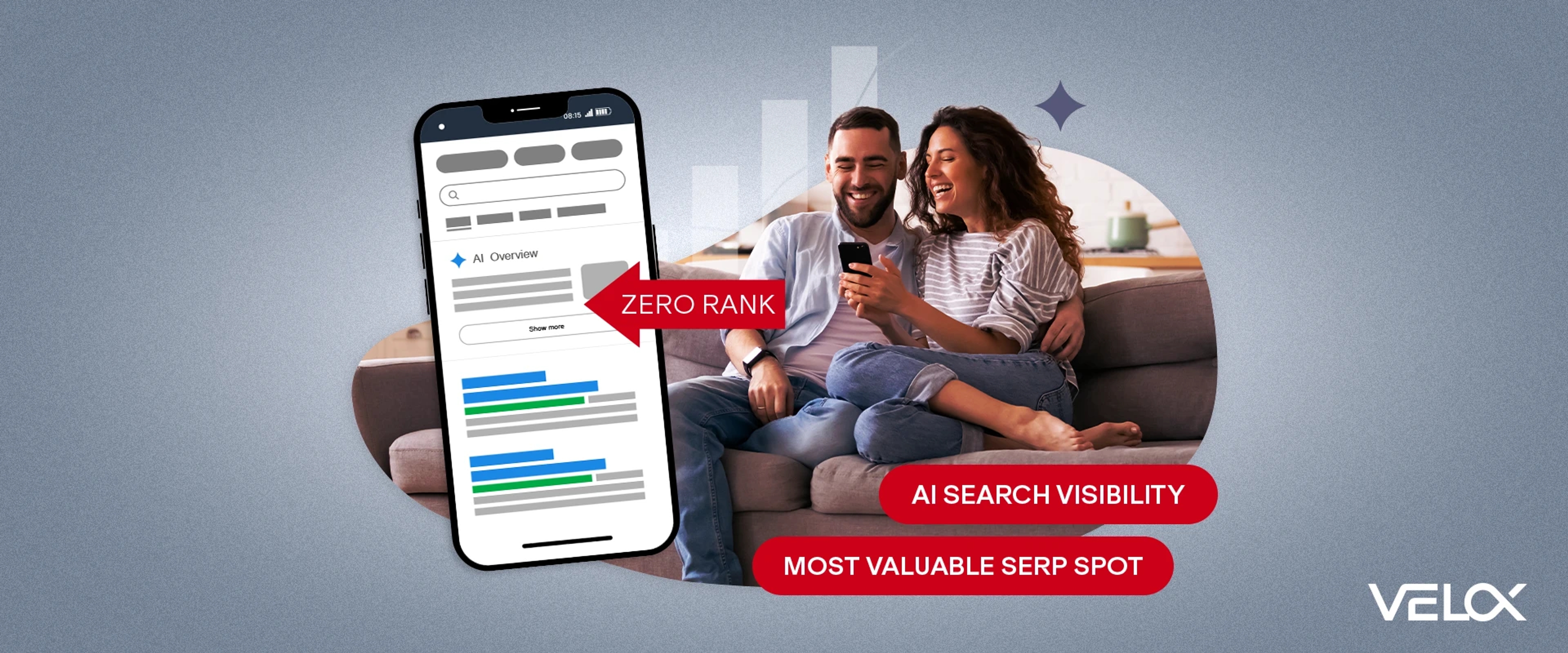 A man and woman sitting on a cough looking at AI search results on a mobile phone.