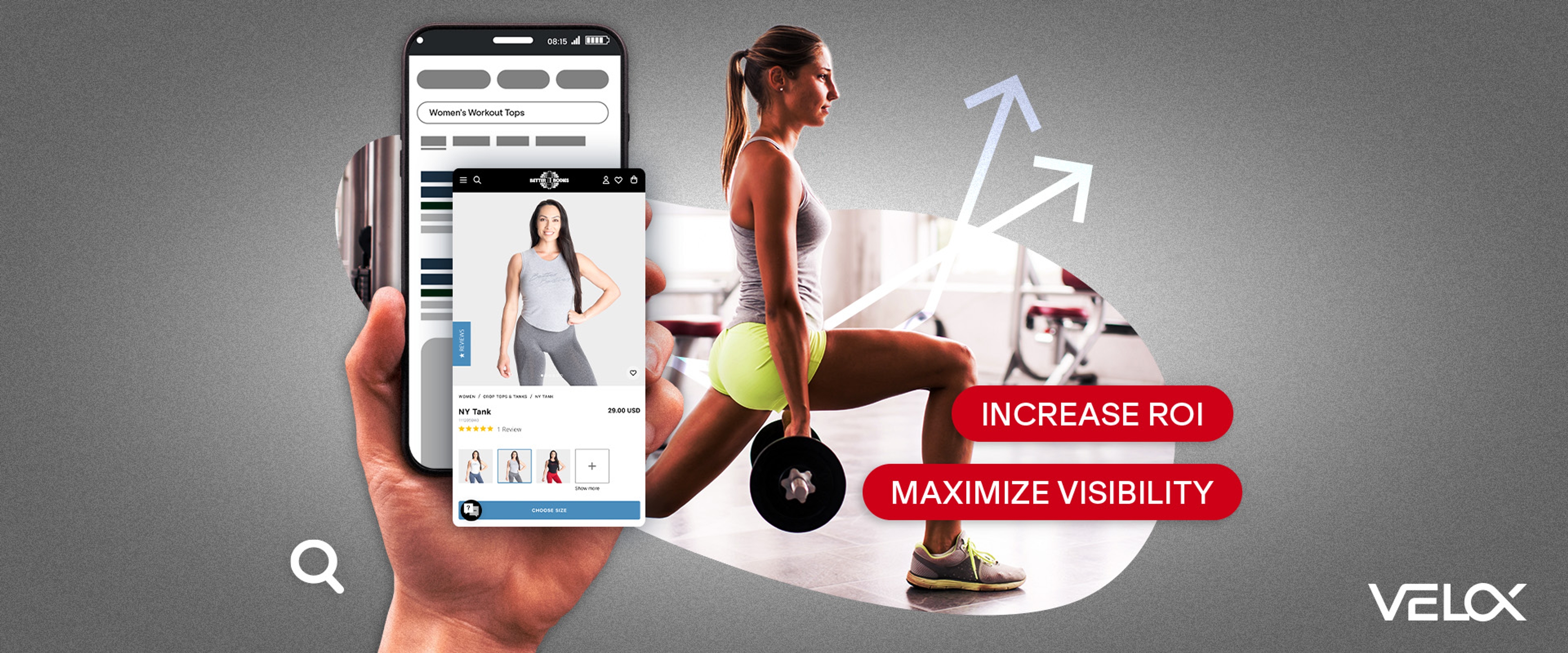 A mobile device showing fitness apparel with a woman lifting weights nearby.