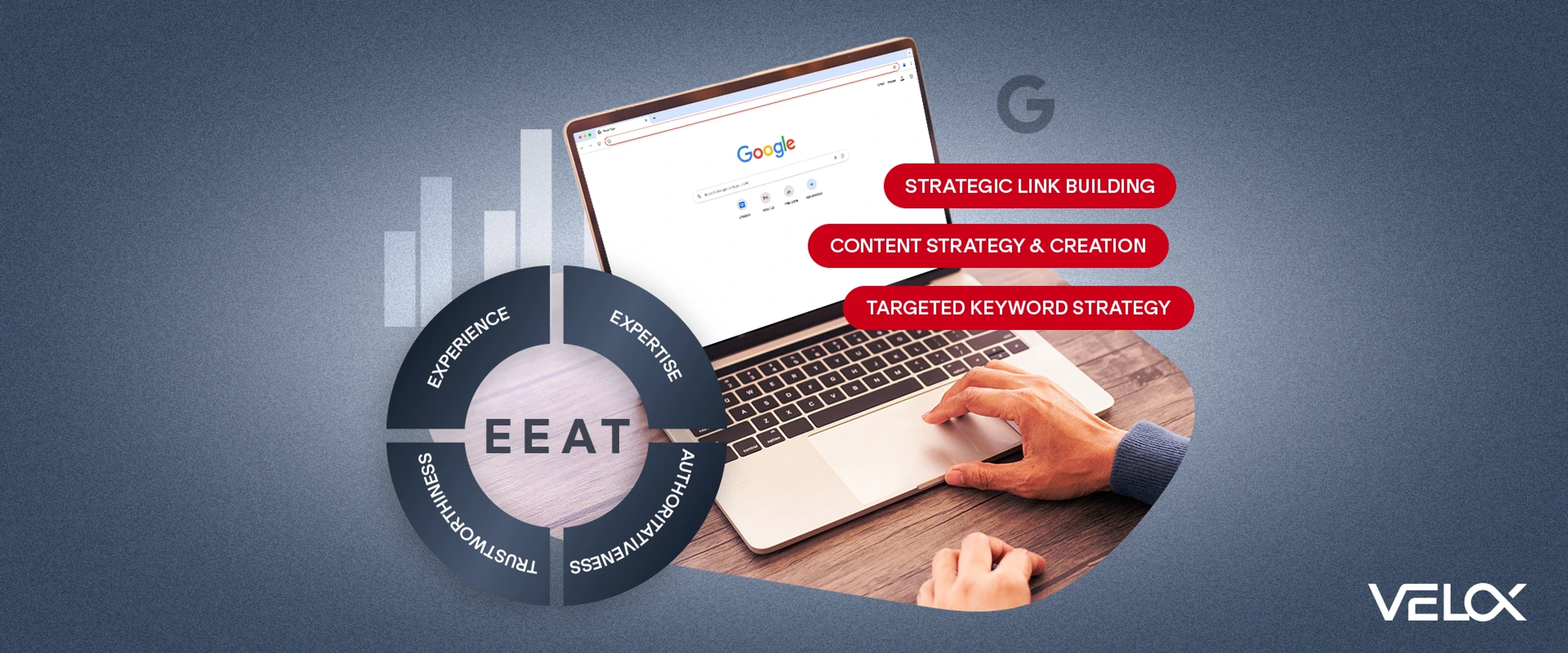A person on a laptop with Google pulled up and the words EEAT, strategic link building, content strategy & creation, and targeted keyword strategy on the graphic nearby.