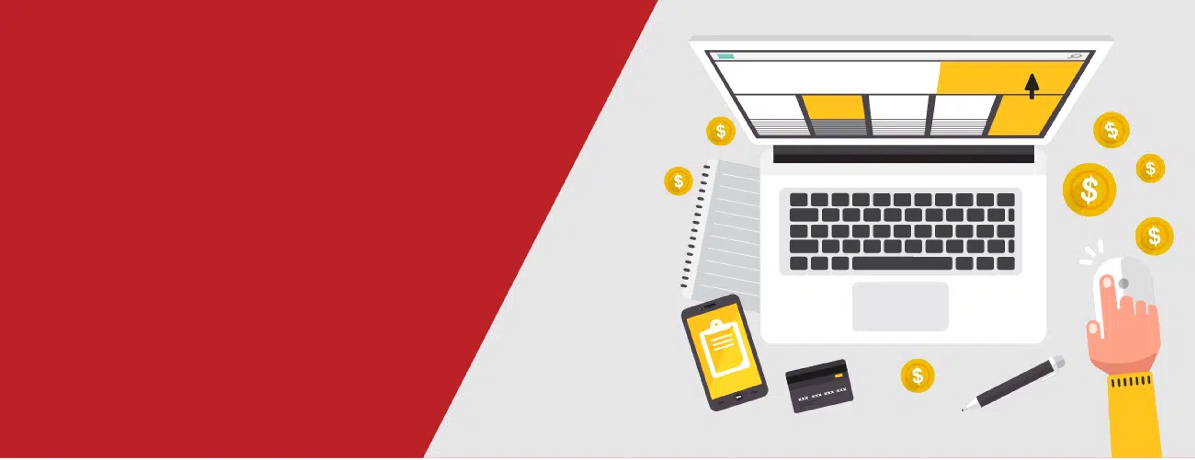 Red and gray graphic showing a character using a laptop surrounded by coins representing PPC spending