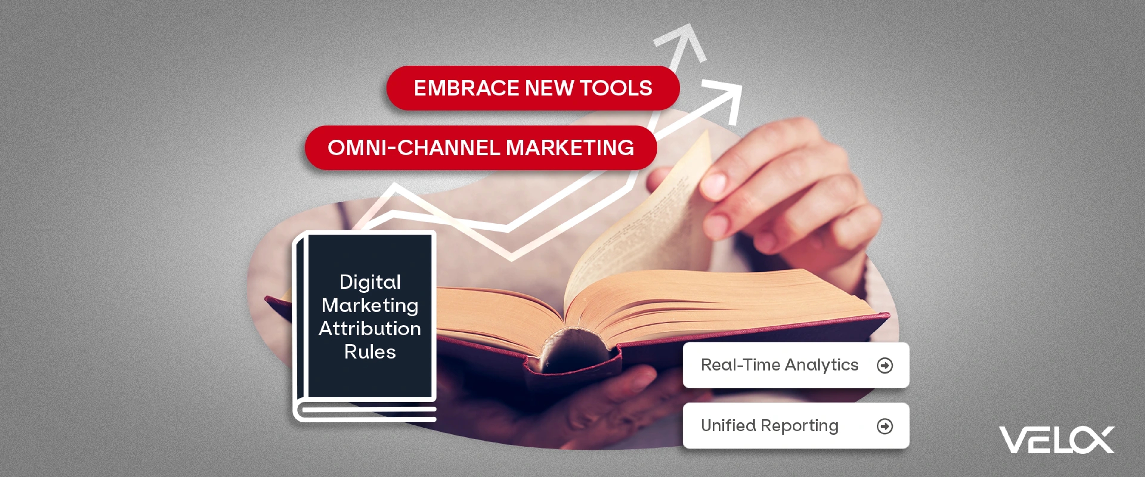 A person flipping a page of a book with graphic overlays of the terms "real-time analytics," "unified reporting," omni-channel marketing," and "digital marketing attribution rules."